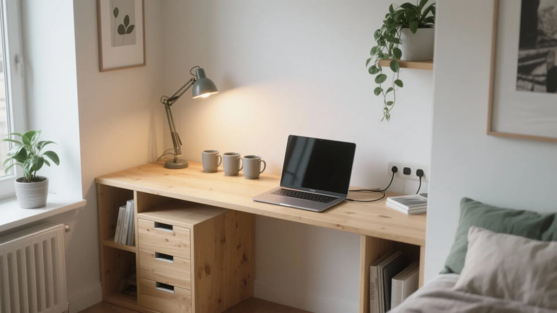 Modern wood desk with laptop three mugs a desk light and green plants in bright room