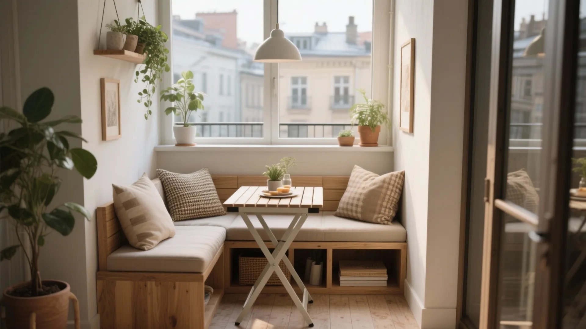 Small balcony dining area with wooden corner bench seating a folding table and white ceiling light