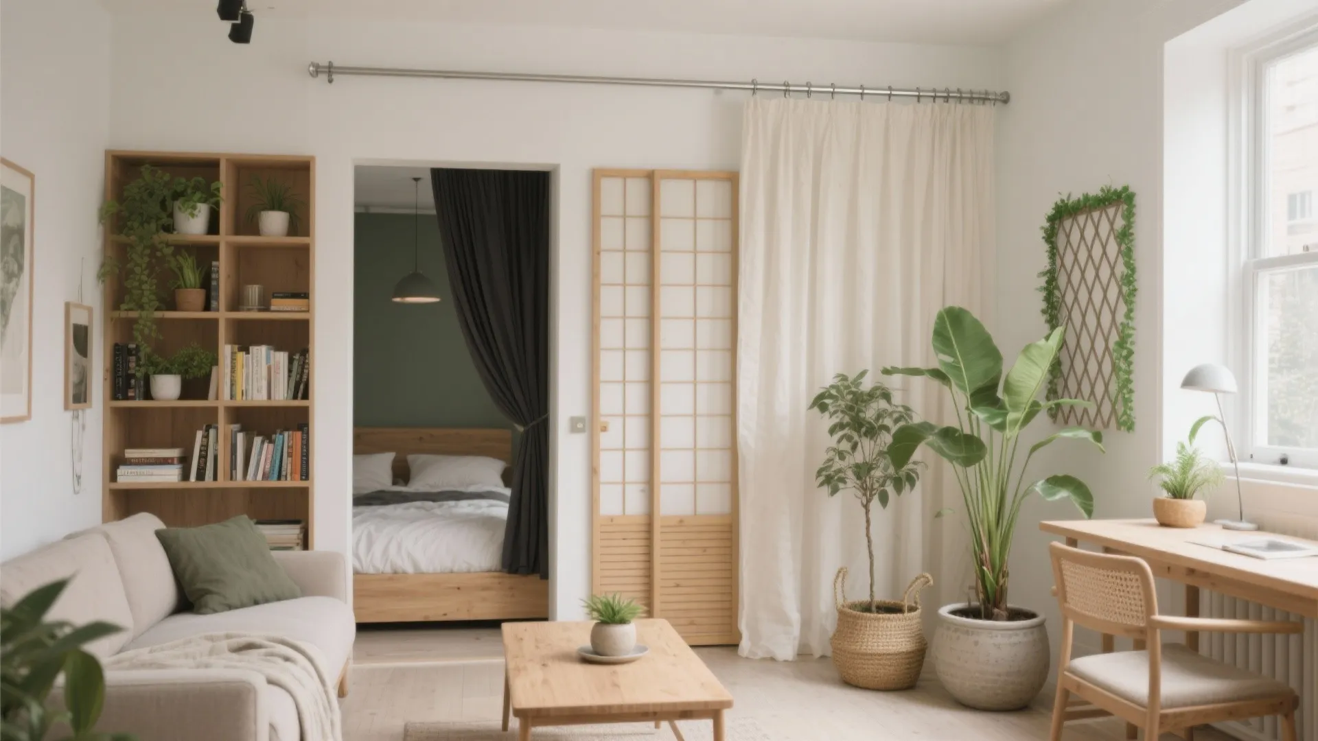 Bright studio apartment layout with wooden bookshelf sofa bed behind curtain and home office desk