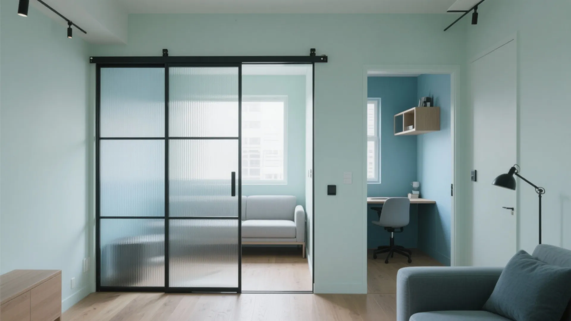 Modern home interior with black sliding glass door leading to small light blue living room