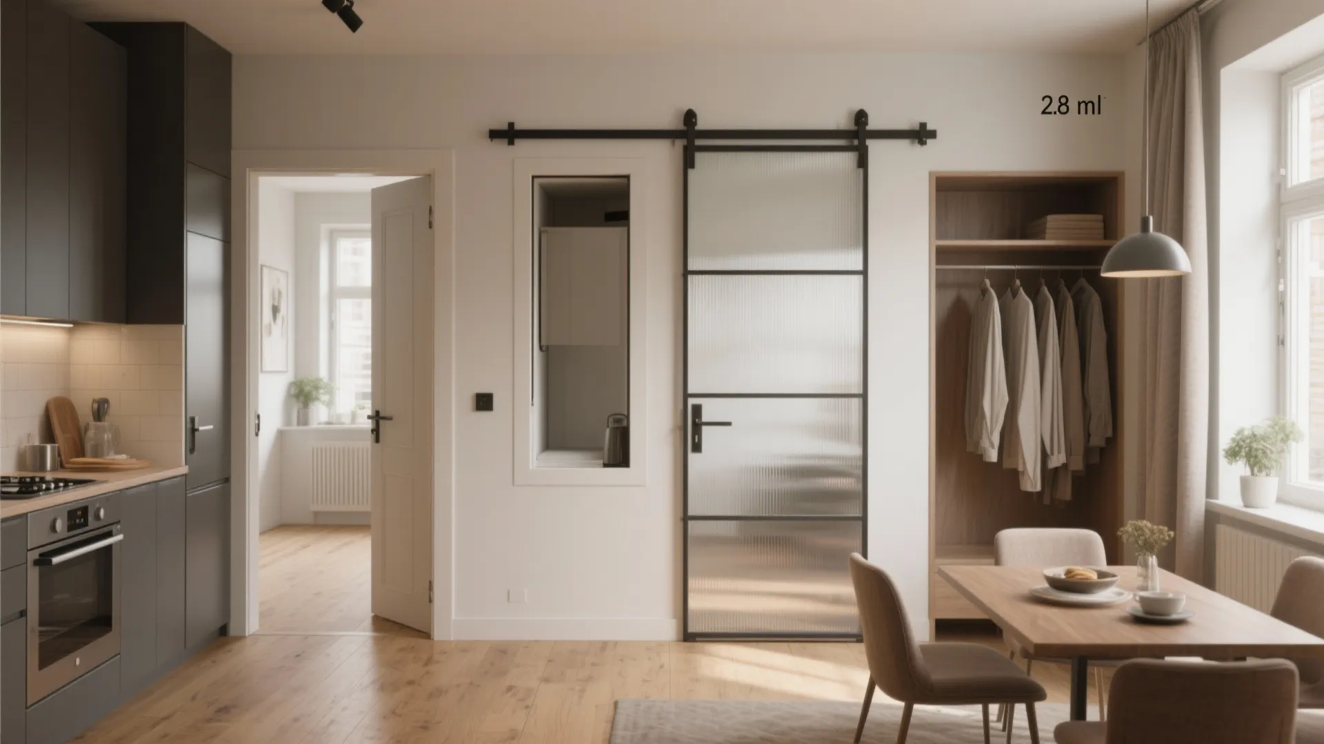 Modern apartment interior featuring a black sliding glass door between the kitchen and dining area