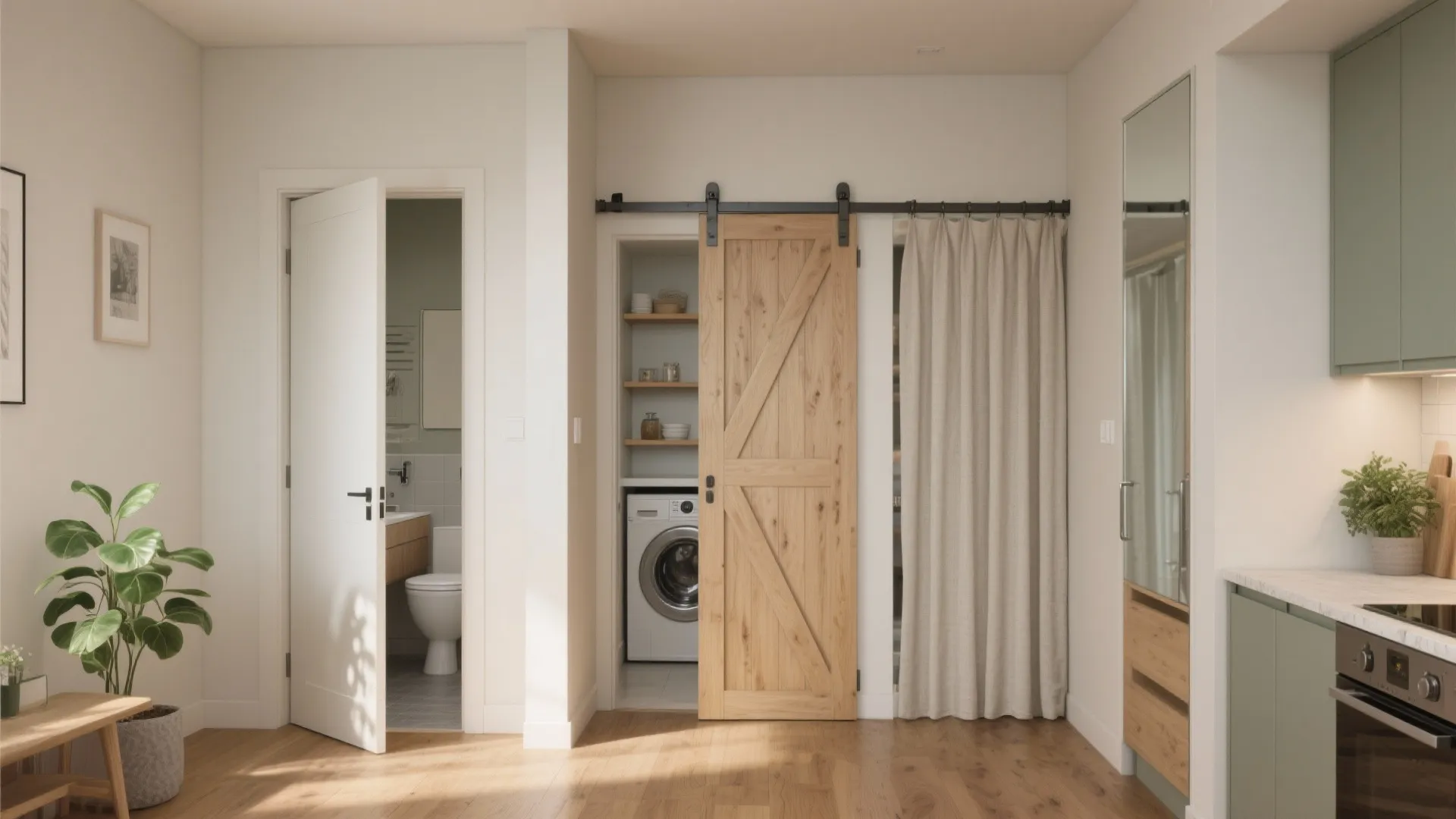 Small laundry space with wooden sliding door washing machine open bathroom door and modern kitchen