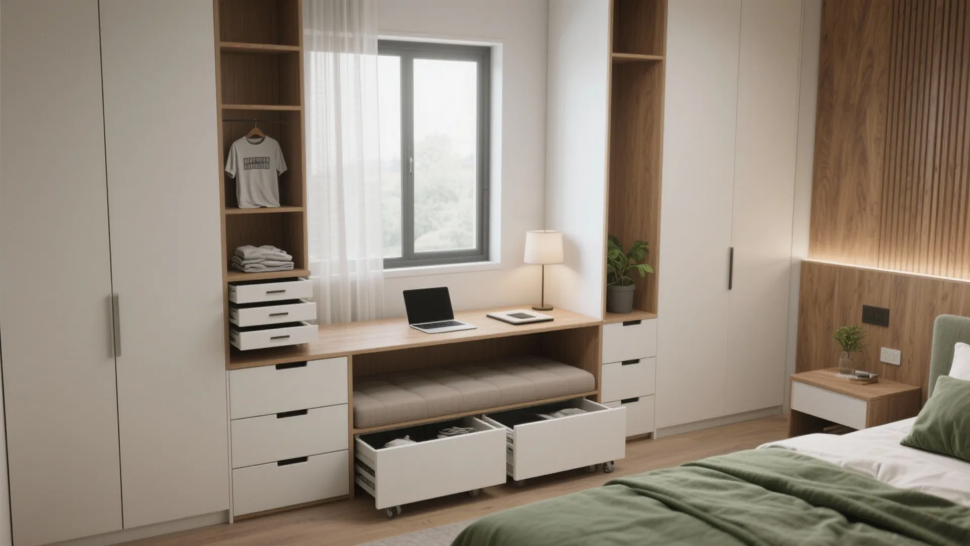 Modern bedroom with built-in desk, white cabinets, wooden shelves, and storage drawers under the window
