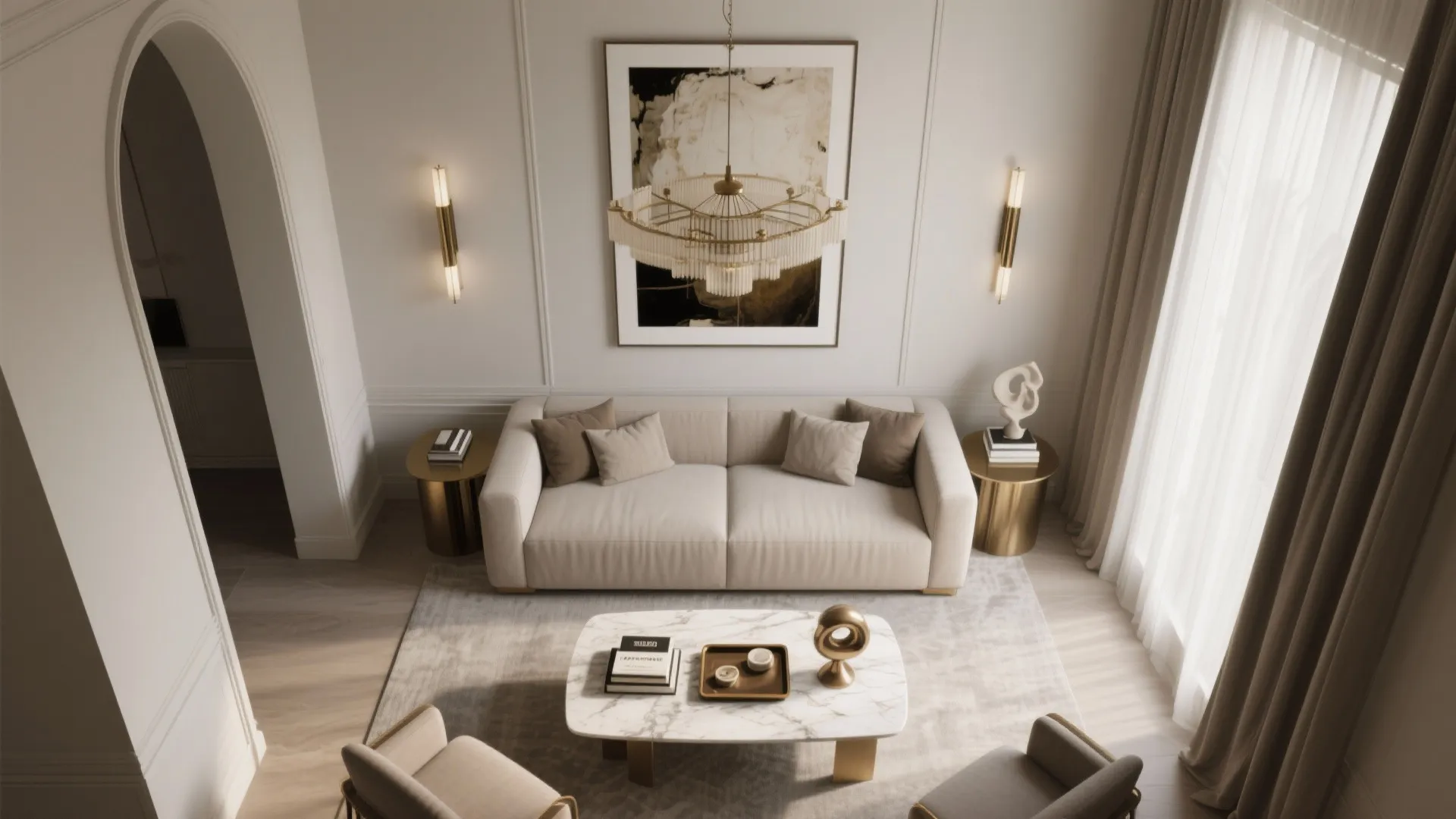 Living room from above with cream sofa marble coffee table ceiling light and wall lights
