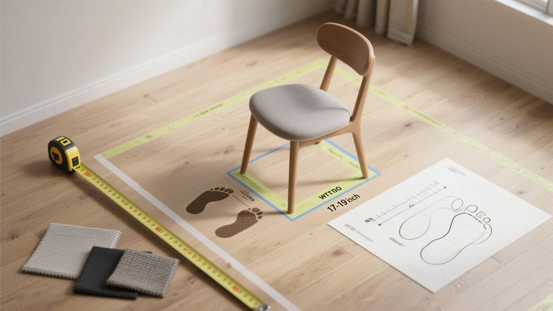 Top-down flatlay showing painter's tape footprints, tape measure, and fabric swatches for testing small-chair layouts.