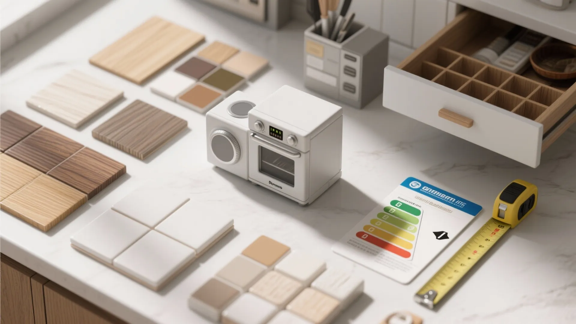 Flat lay of interior design materials wood samples small toy oven and yellow tape measure