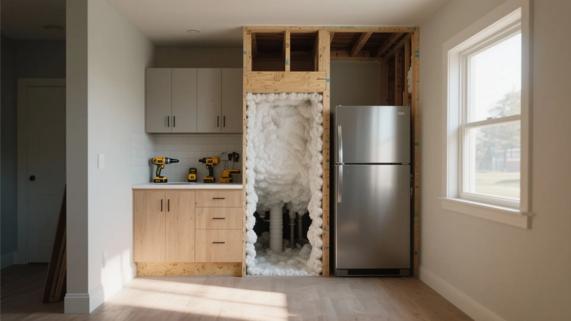 Interior renovation showing kitchen cabinets next to a wall section filled with white spray foam