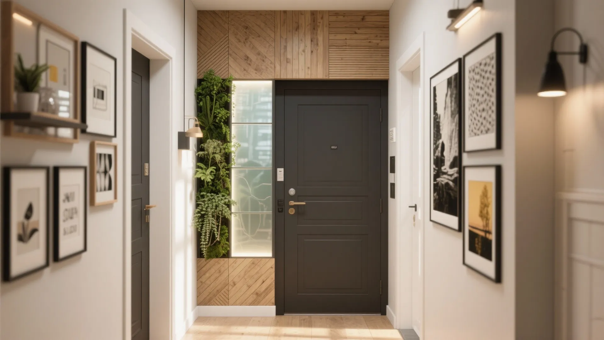 Modern hallway featuring dark front door with wood panels and a vertical green indoor plant