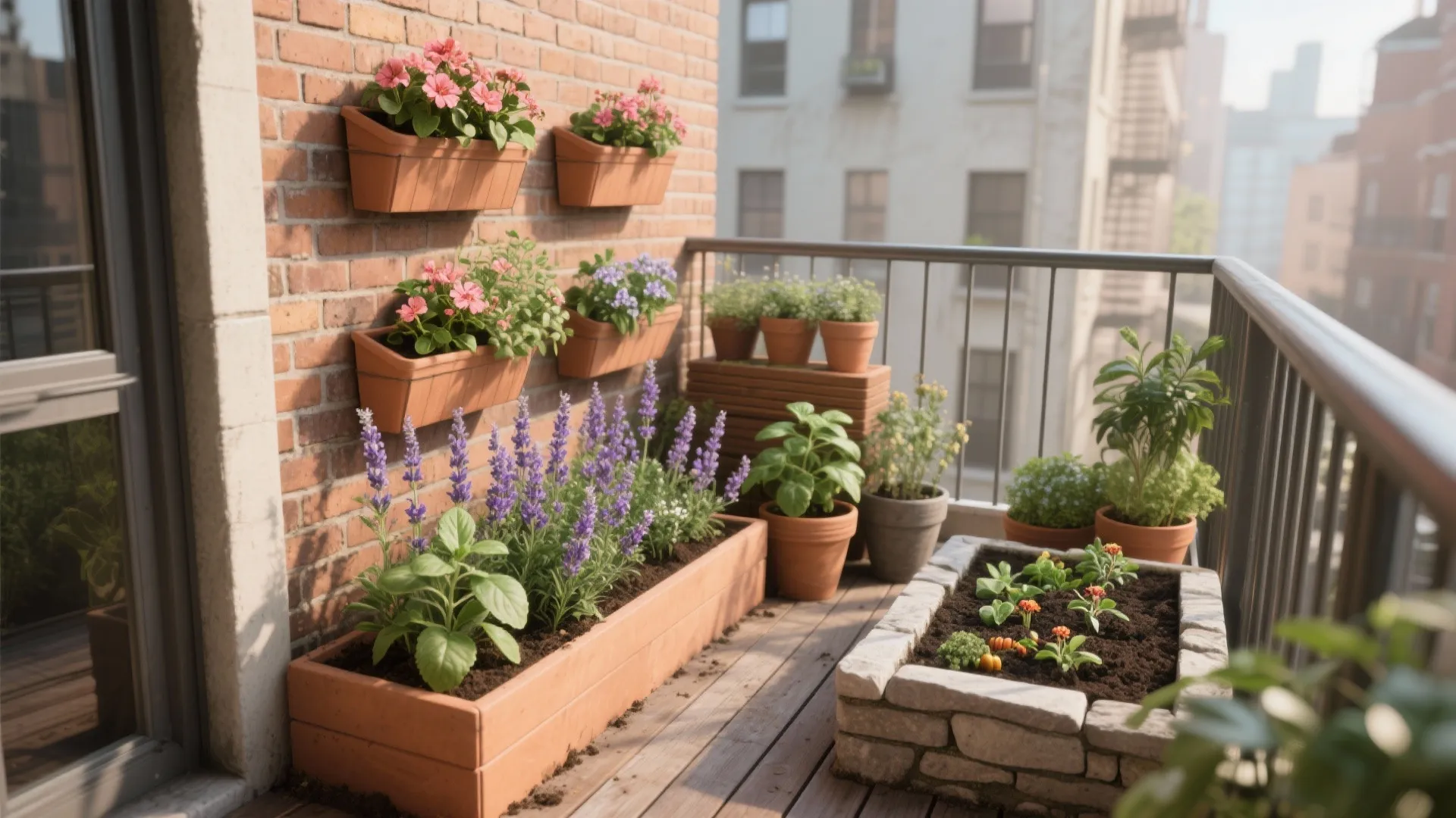 Small balcony garden featuring wooden planter boxes purple flowers potted herbs and stone raised garden beds