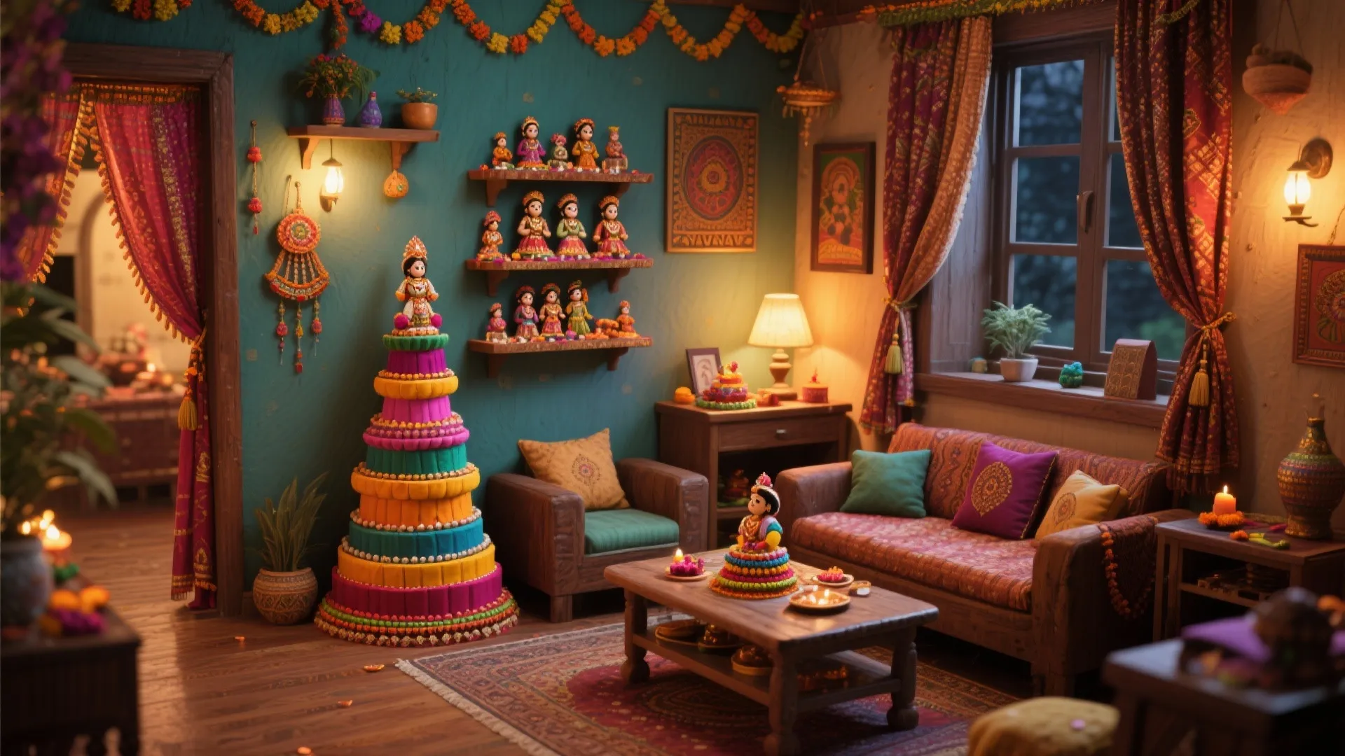 Cozy living room with teal walls featuring doll shelves and tall tiered colorful display stand