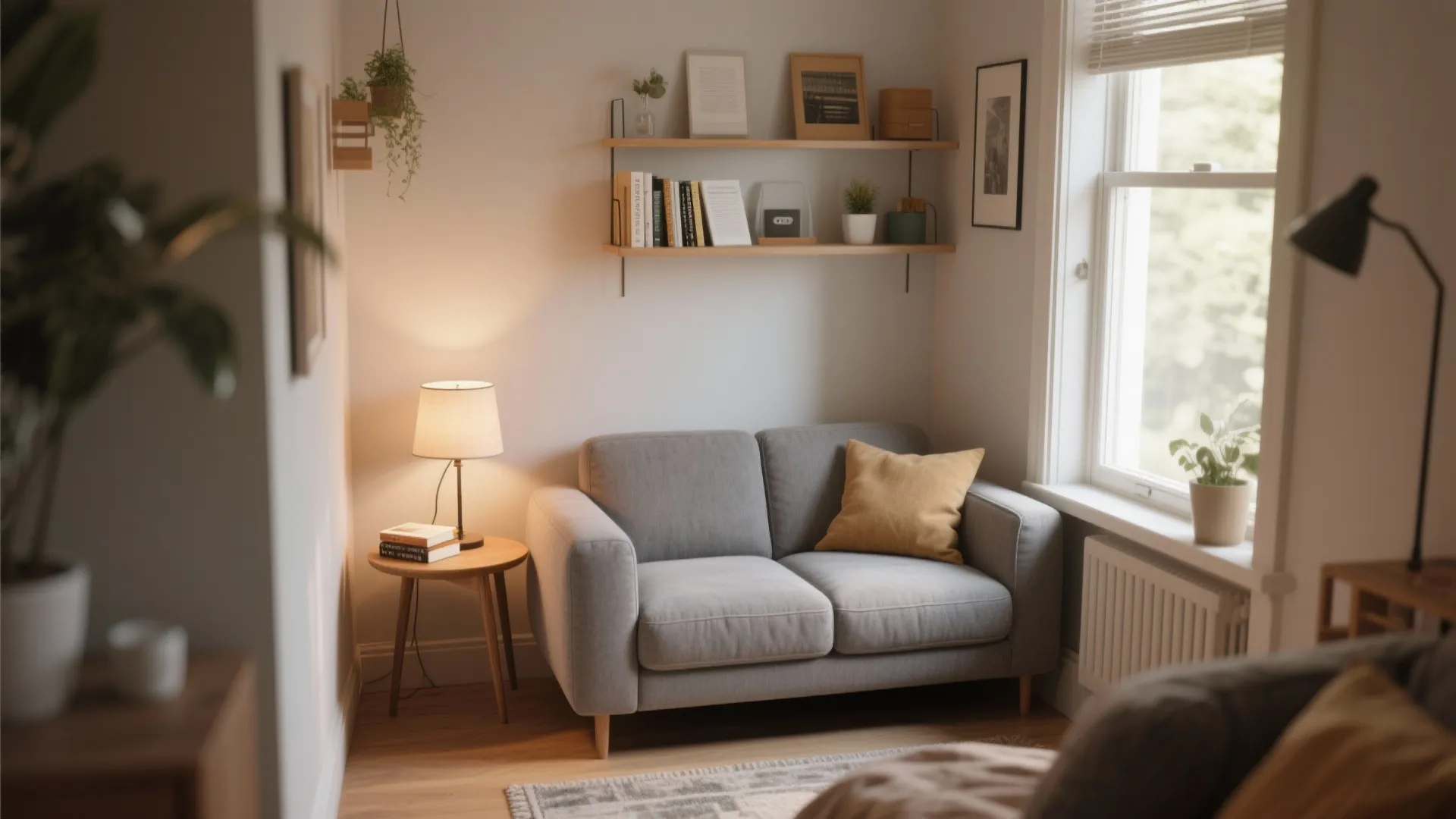 Cozy corner with small grey loveseat by the window