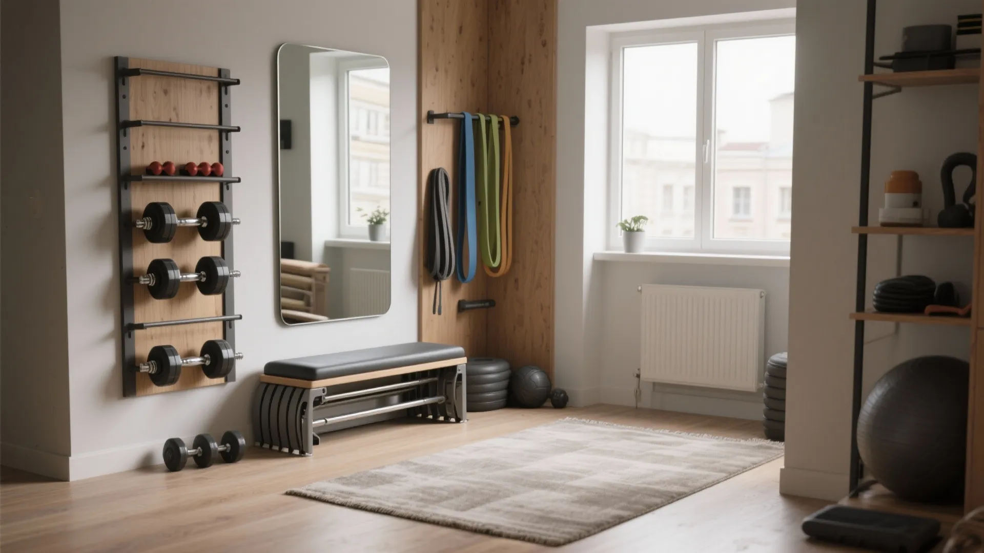 Modern home gym with wall mounted dumbbell rack workout bench mirror rug and natural window light