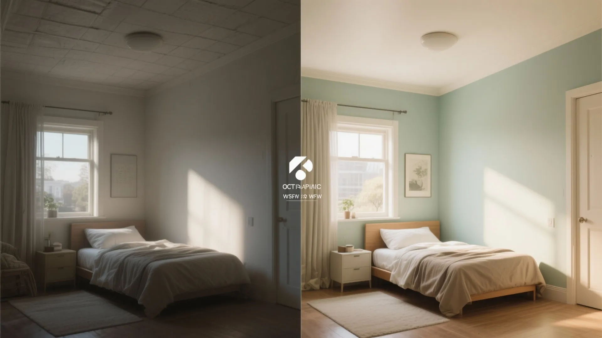 Before-and-after of a small room showing ceiling painted lighter to increase perceived space and durable paint on high-traffic areas.