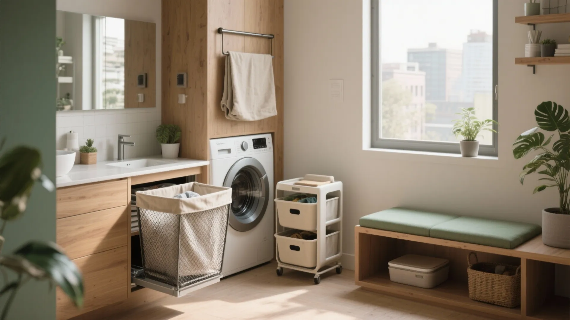 Modern laundry room with washing machine pull out wire basket wooden cabinets and green sitting bench