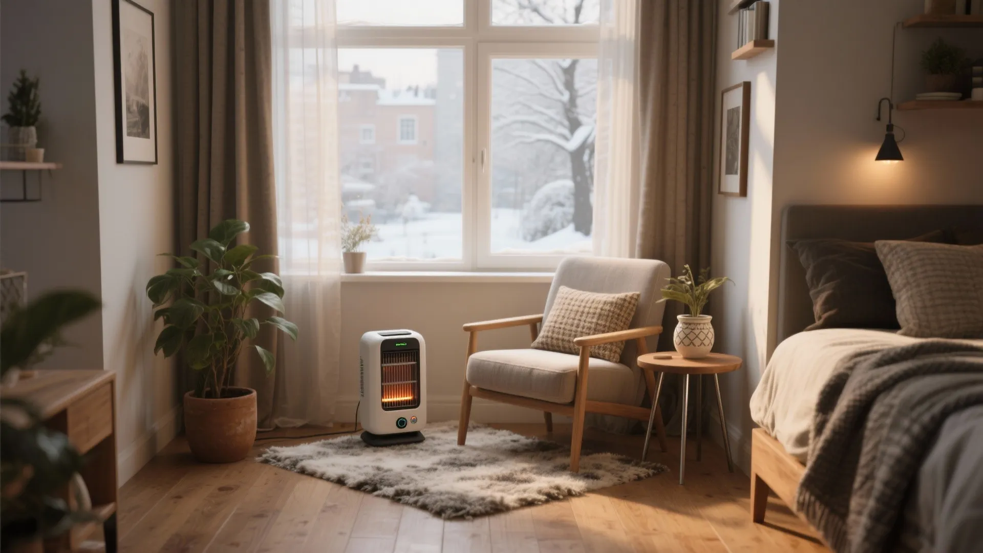 Portable heater on rug in cozy bedroom near armchair with snow outside the large window