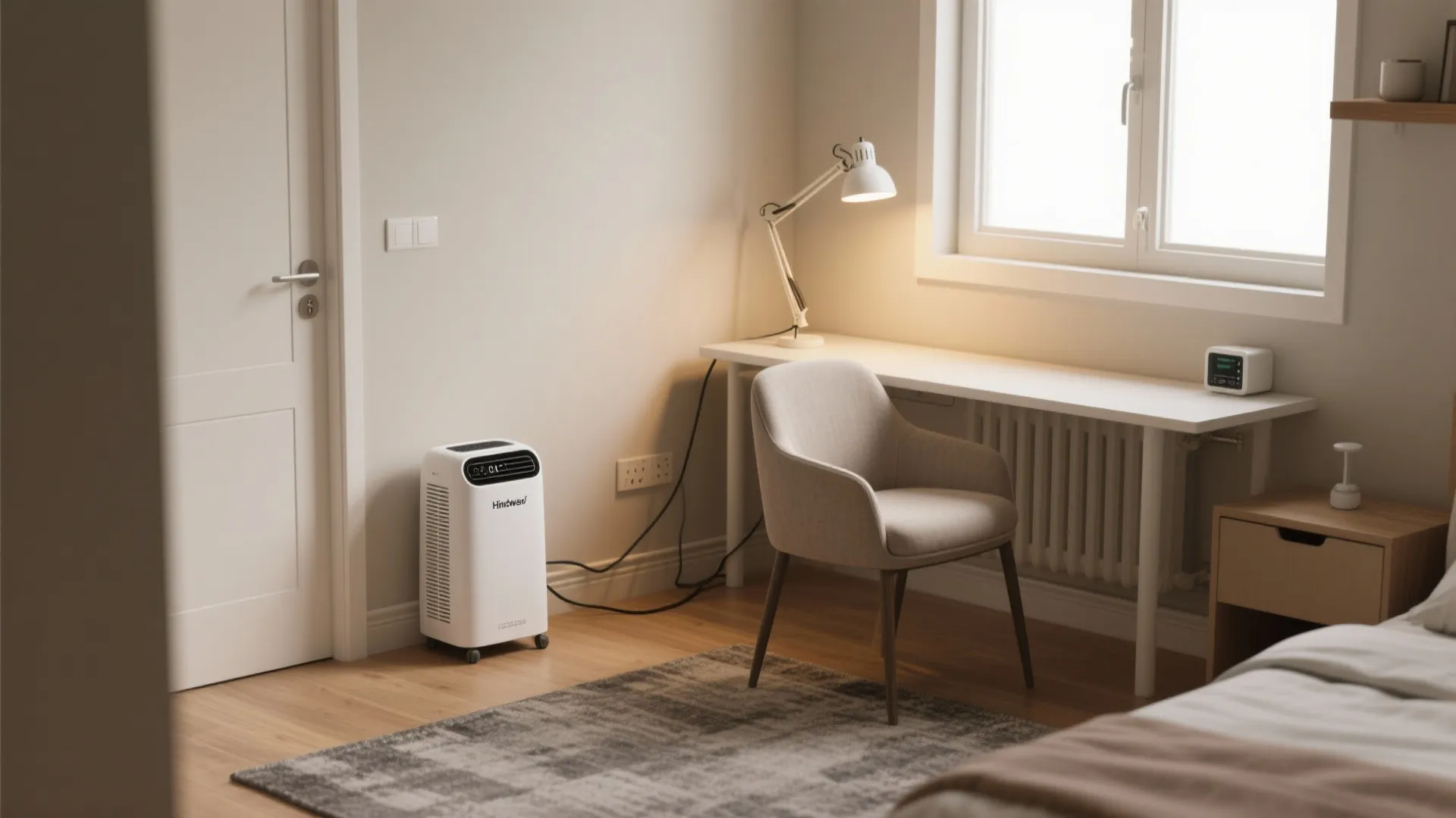 White portable heater on wood floor in minimalist bedroom with desk chair and natural light