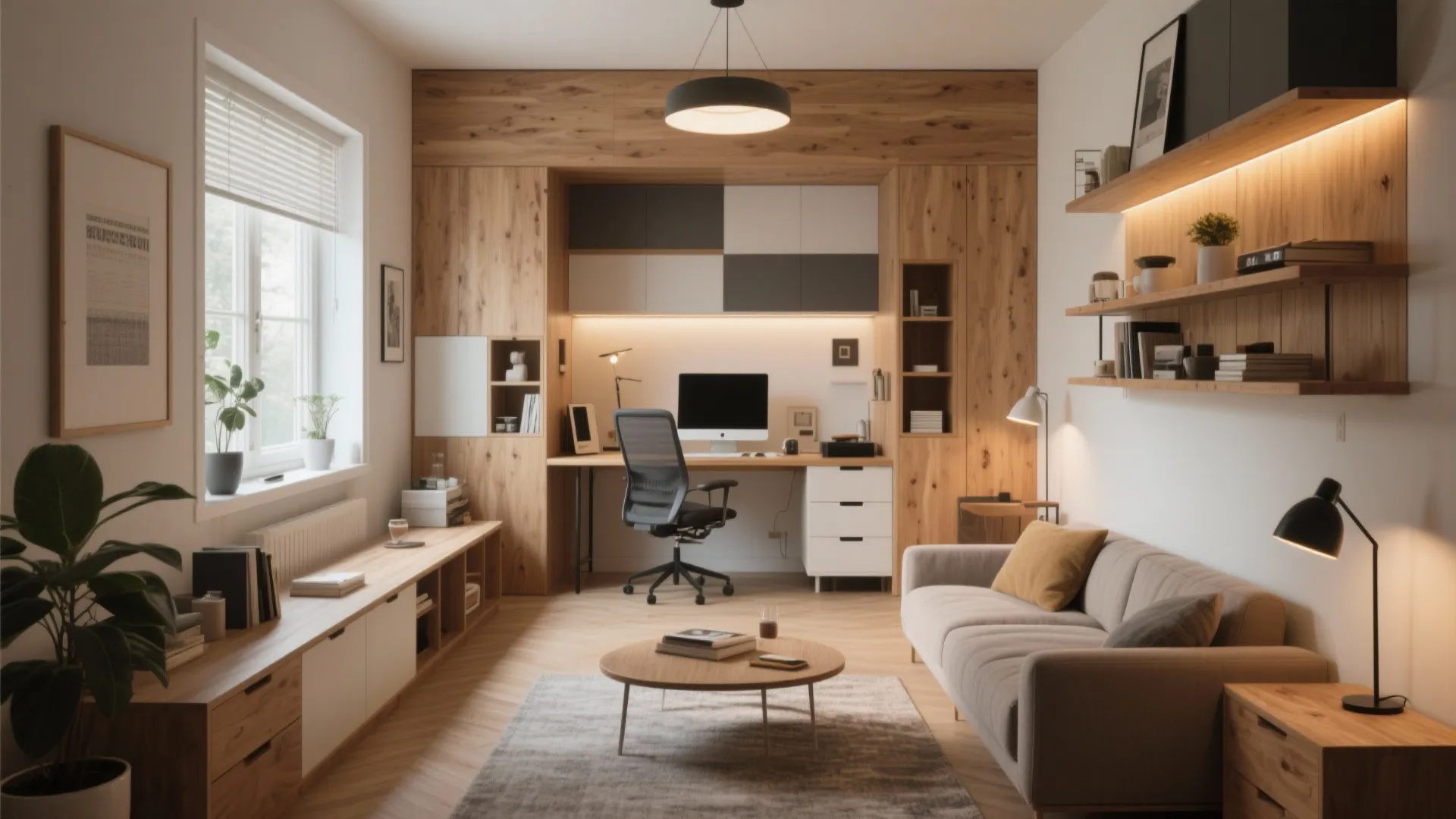 Small home office with wooden wall panels desk chair sofa coffee table and round ceiling light