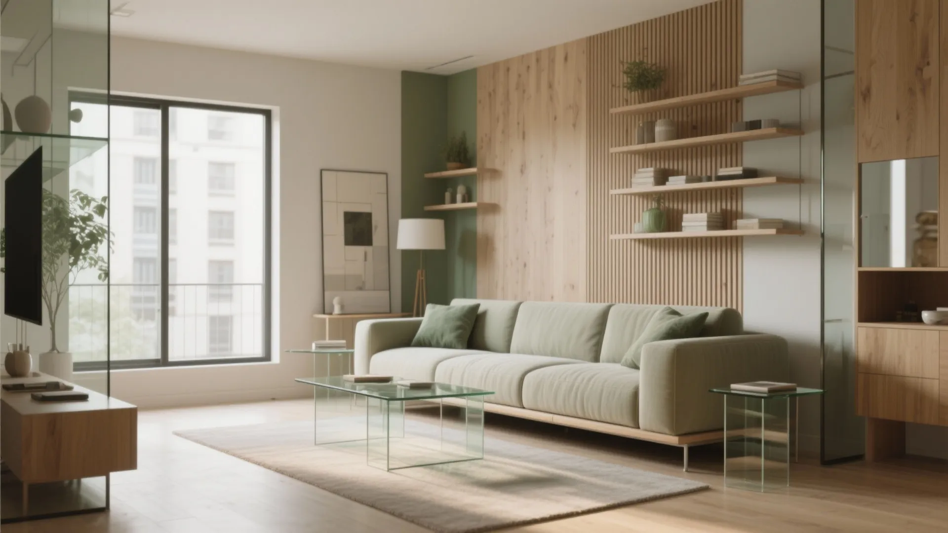 Modern living room featuring a green sofa glass coffee table wood wall panels and natural light