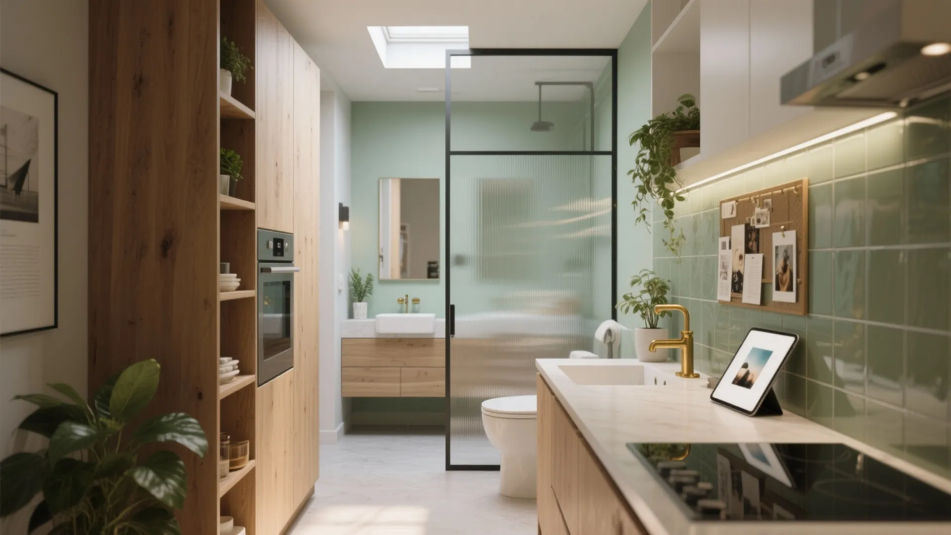 Small apartment interior design with wooden cabinets green wall tiles and a glass shower door