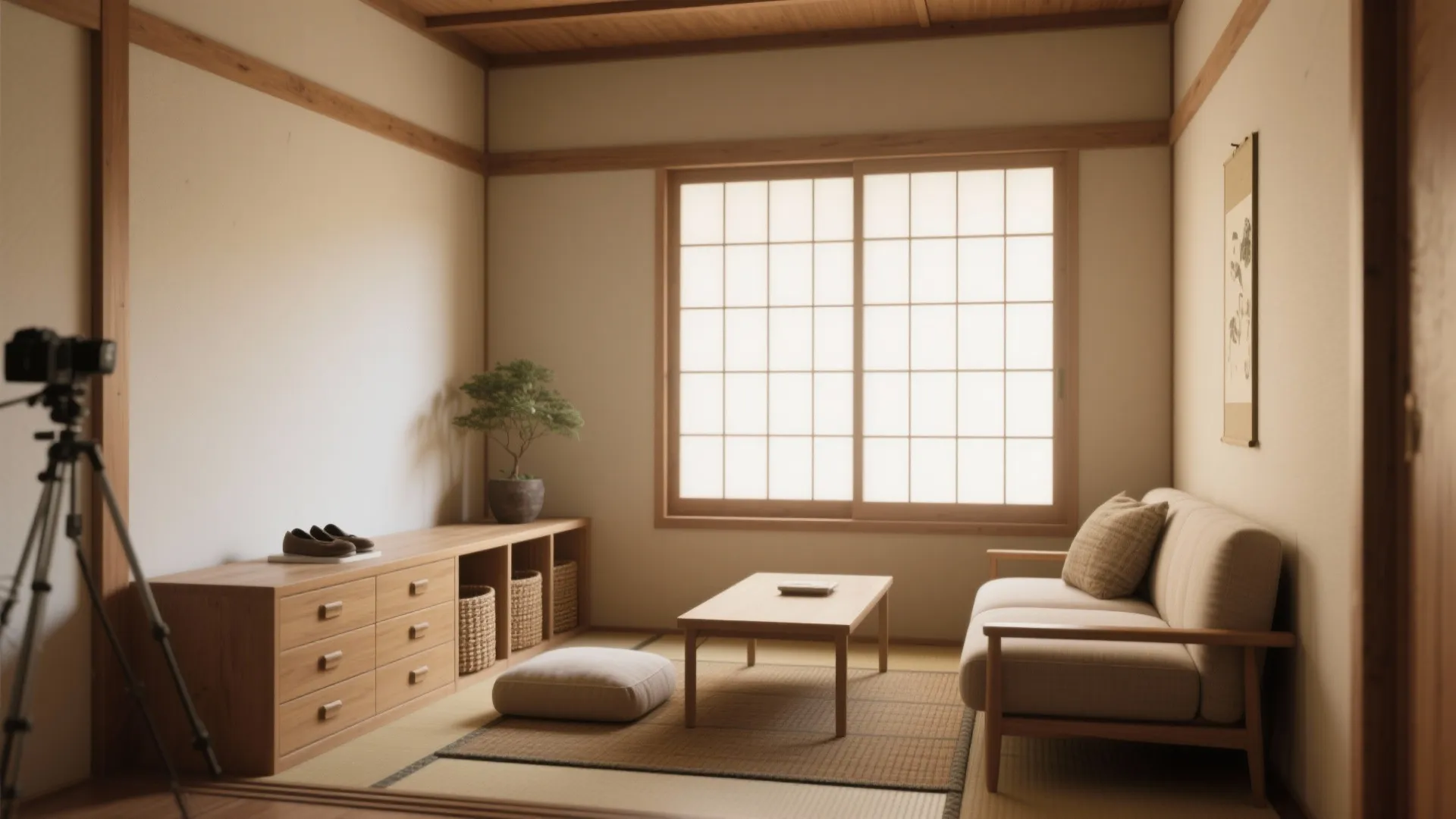 Japanese living room with sofa wooden coffee table tatami floor mat window and a small plant