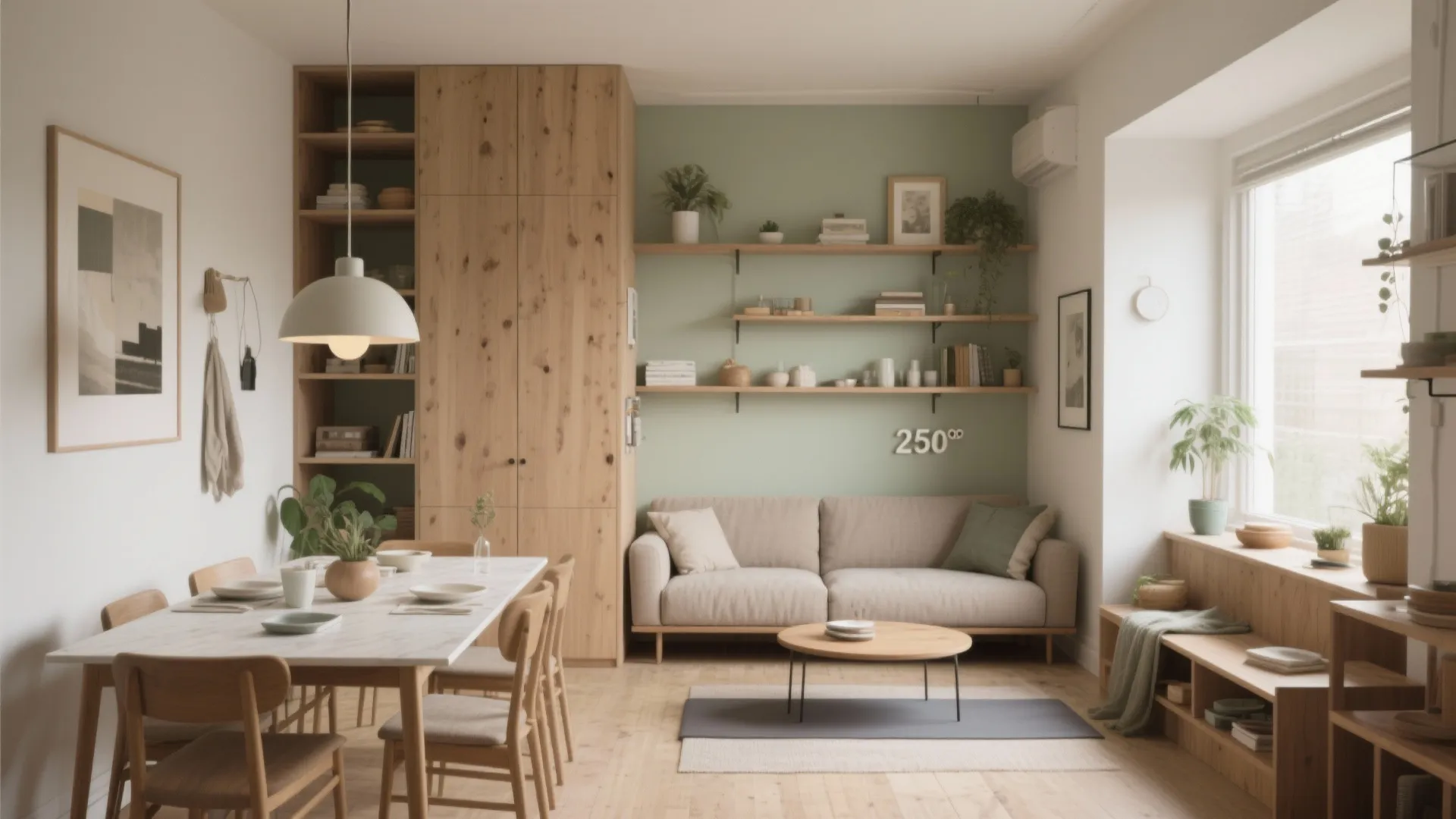 Modern small living room with wooden furniture beige sofa green wall dining table and ceiling light