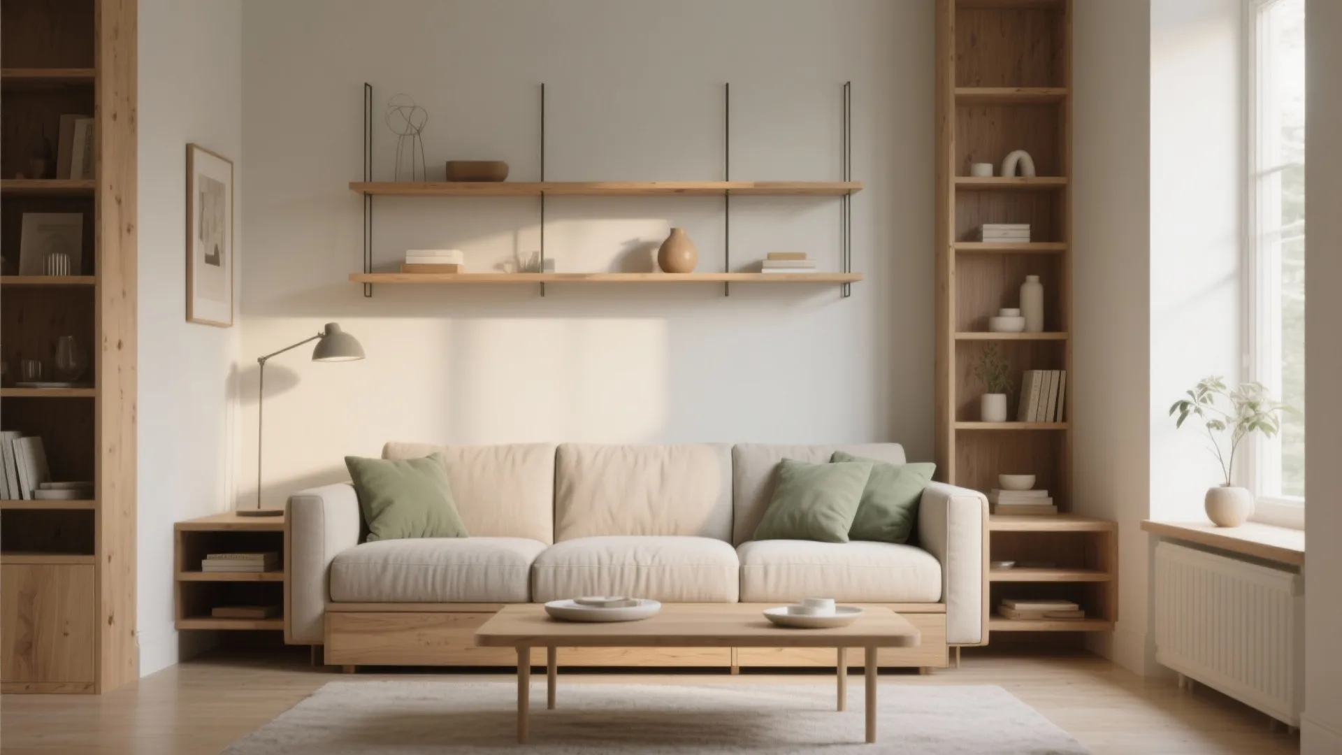 Minimalist living room with beige sofa green pillows wooden coffee table and wall mounted shelves