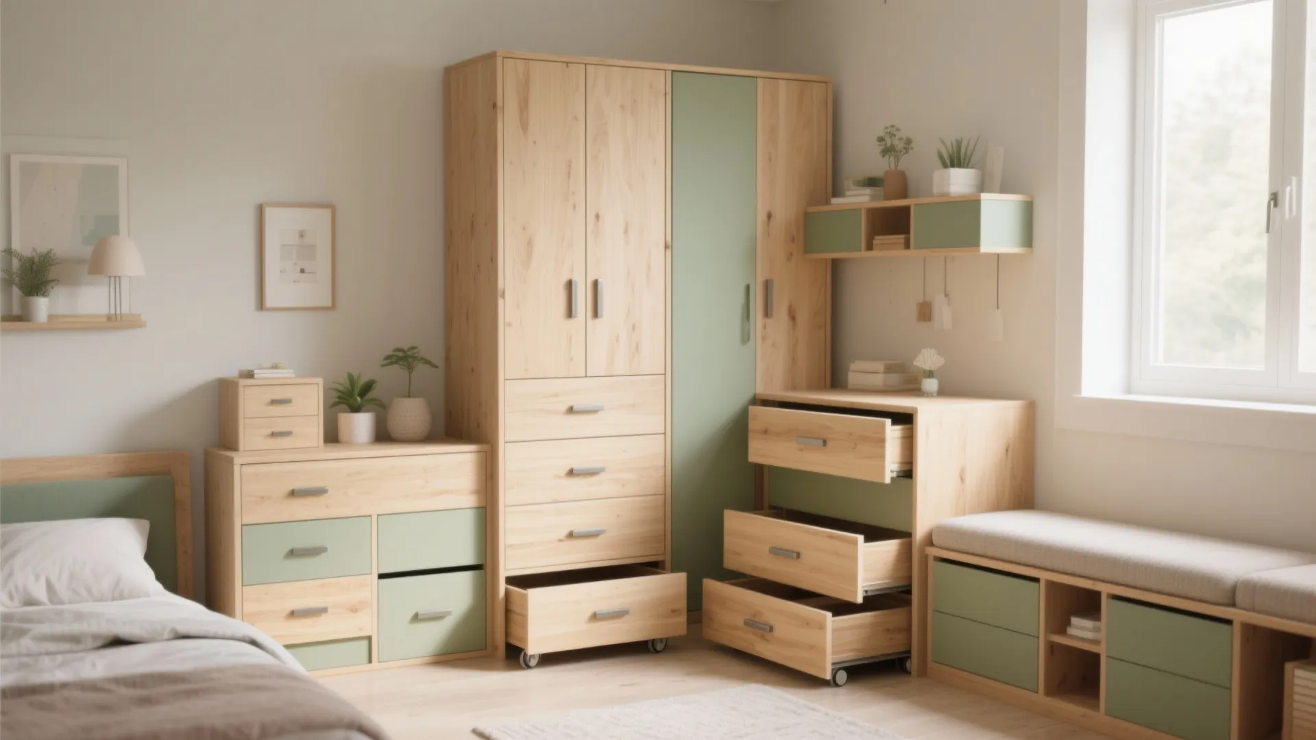 Modern bedroom featuring a wooden wardrobe and light green cabinets with multiple open storage drawers