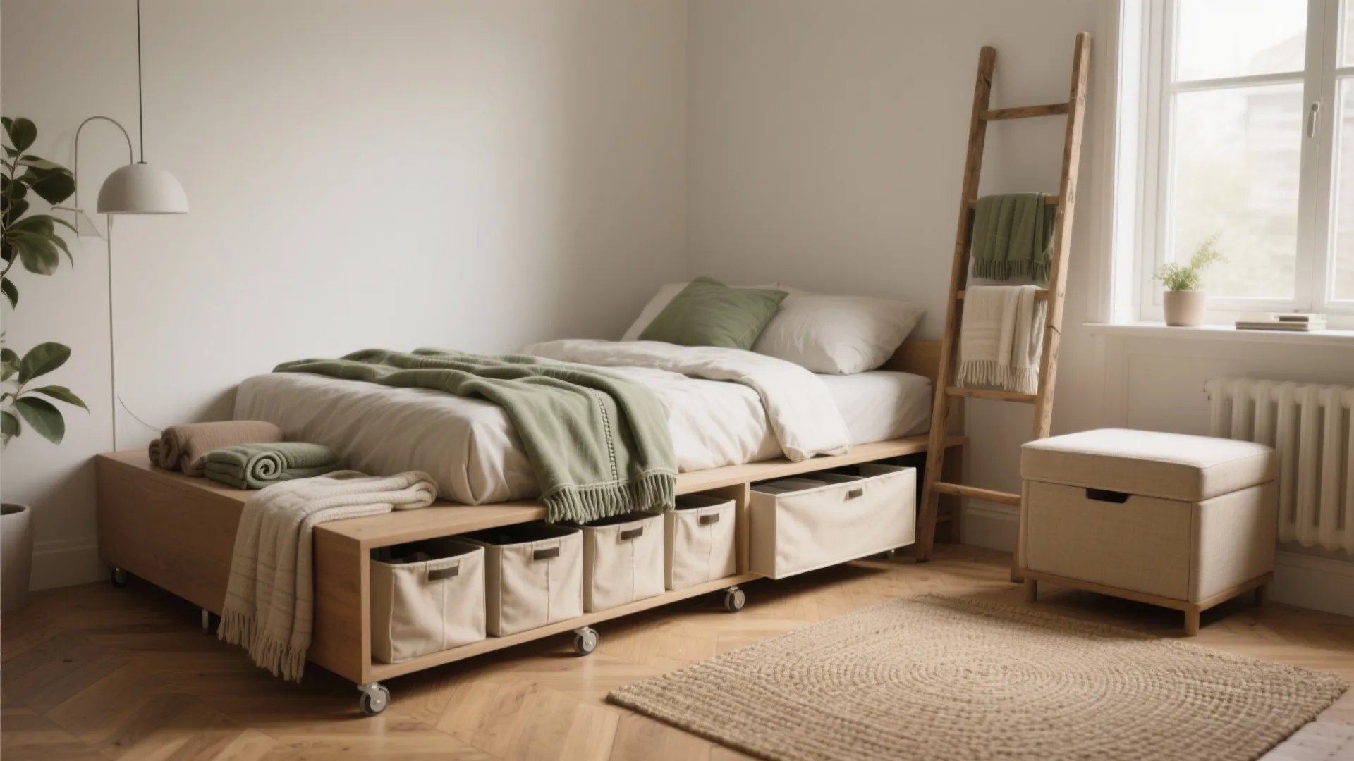 Modern bedroom with wooden bed frame featuring built-in storage bins and a small footrest stool