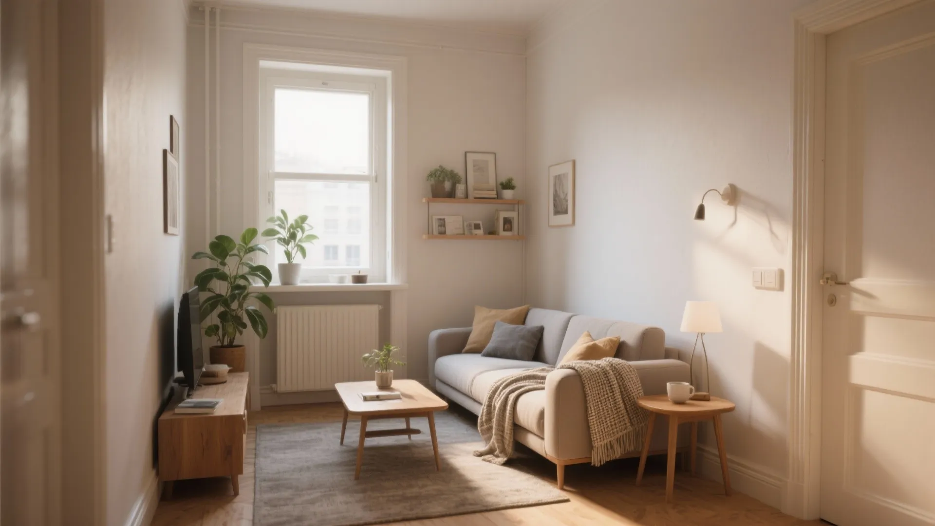 Cozy small living room with beige sofa coffee table wooden cabinet green plants and natural light