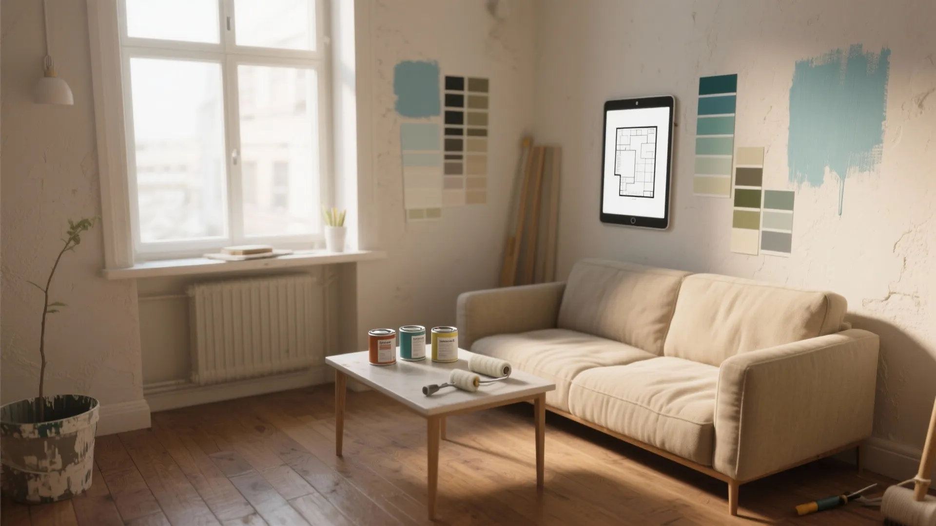 Bright living room with beige sofa wood floor color samples and tablet showing room layout