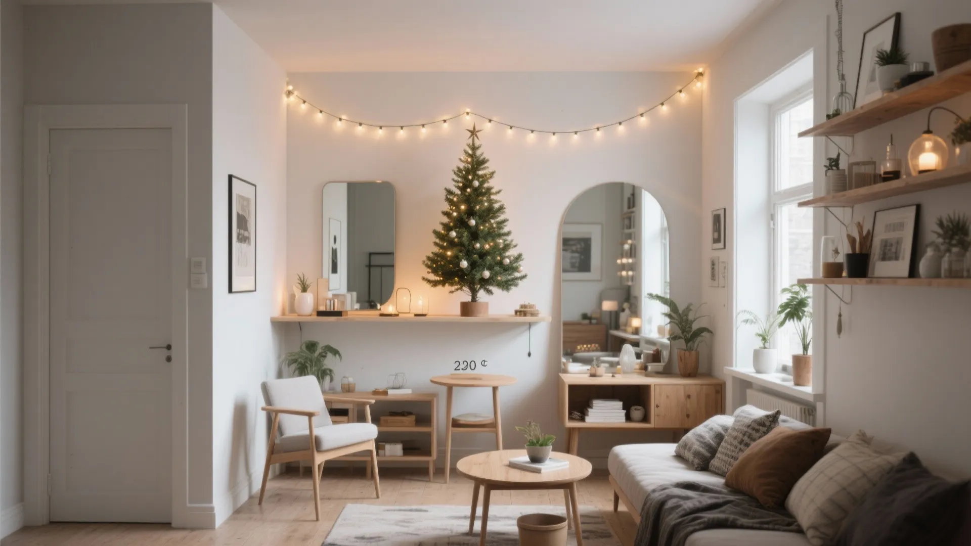 Minimalist white living room featuring Christmas tree and string lights over sofa and wooden furniture