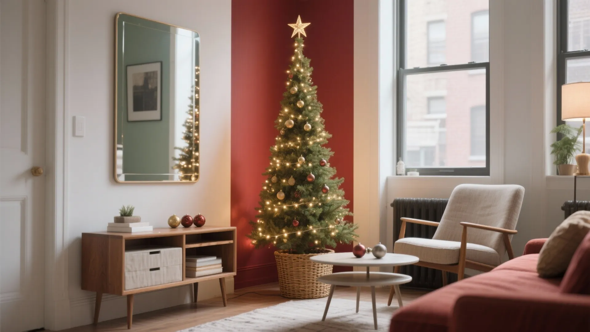Decorated Christmas tree in a cozy living room with red wall, wooden cabinet, and armchair