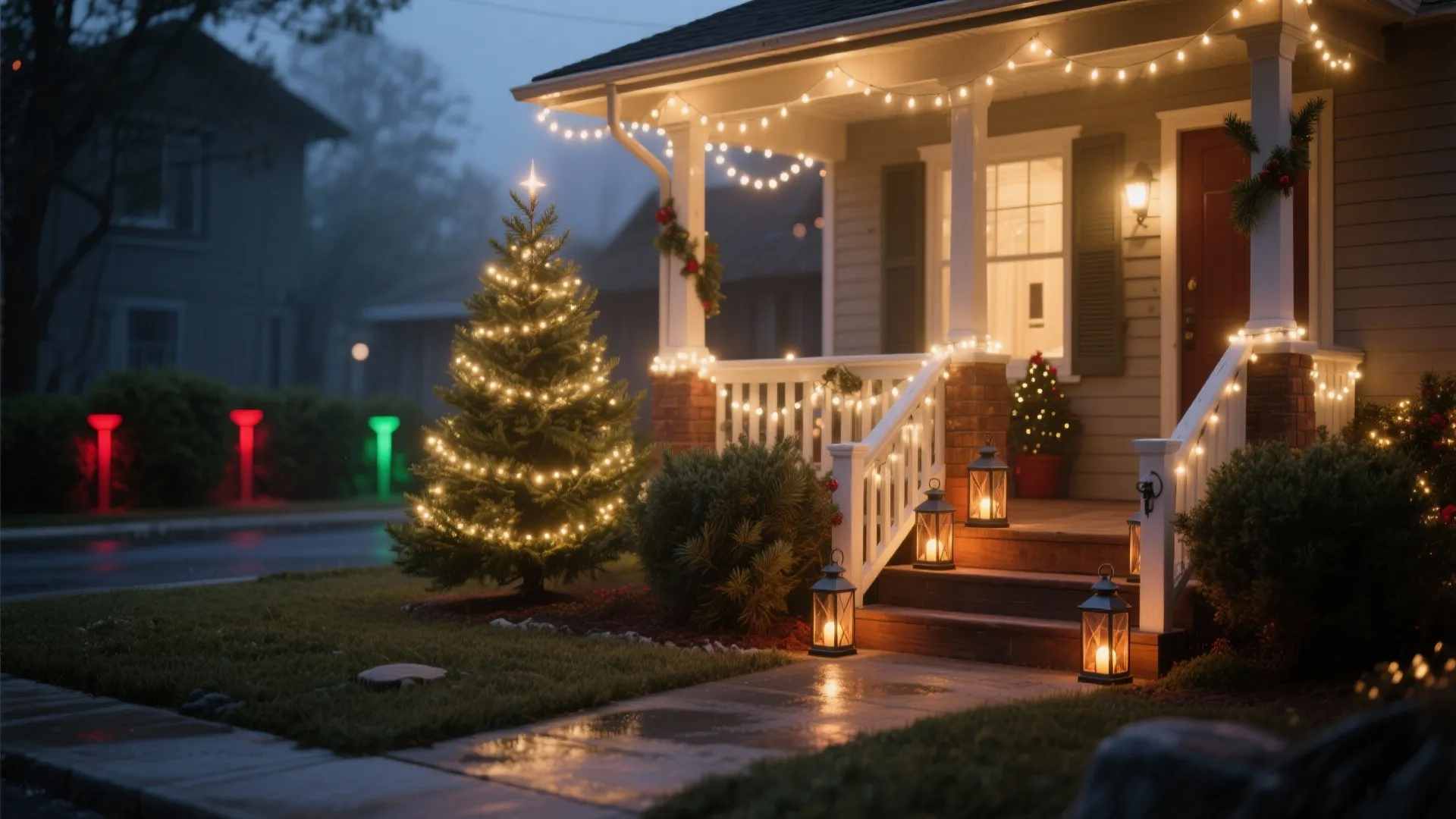 Cozy house porch decorated for Christmas with glowing tree string lights lanterns and red front door