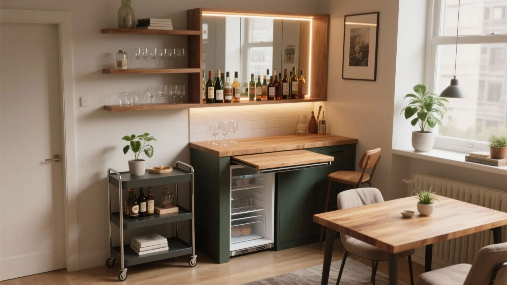 Small home bar with wooden counter wine fridge storage shelves and green cabinet in dining area