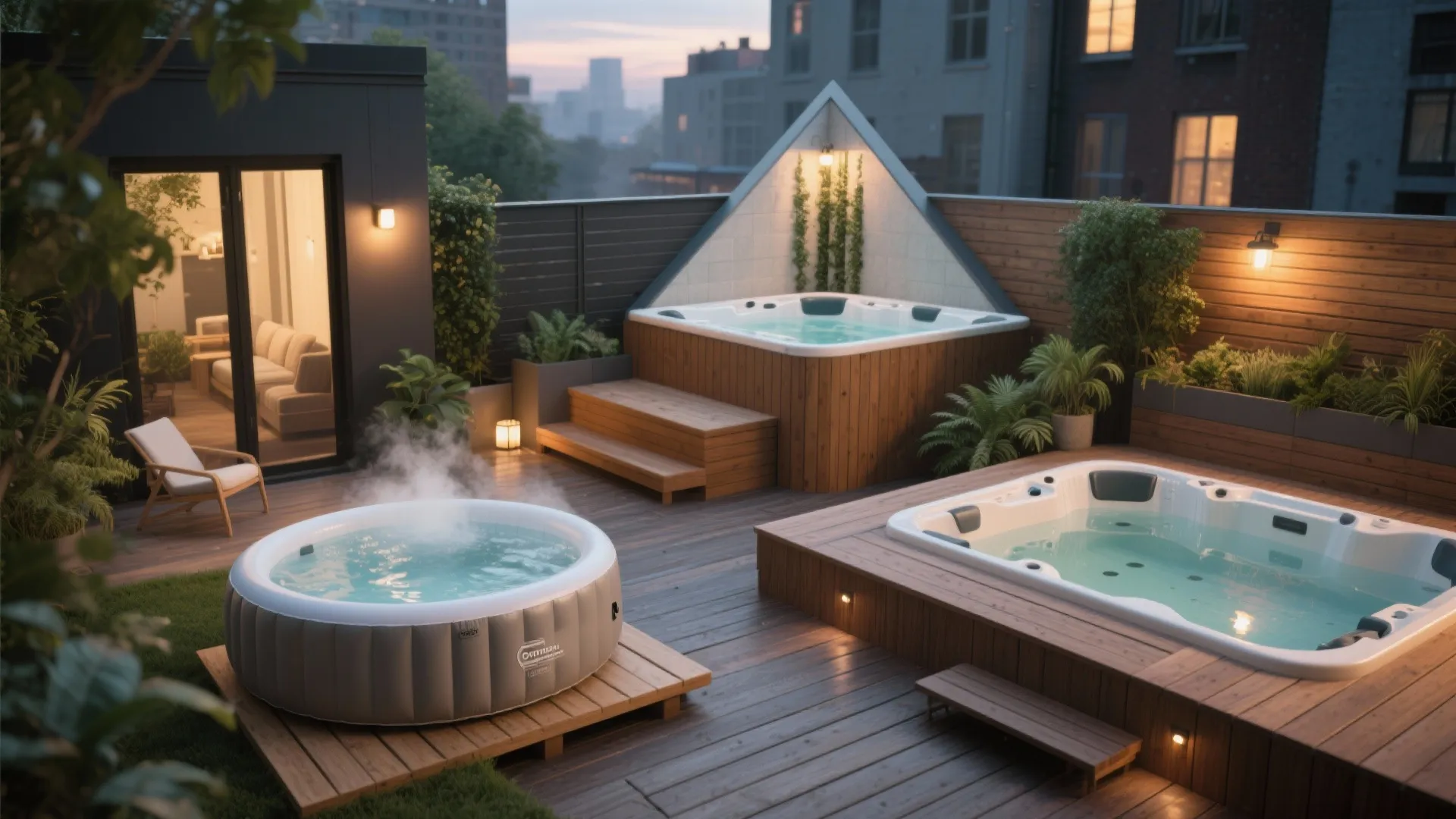 Rooftop terrace featuring three different styles of hot tubs on a wooden deck with plants