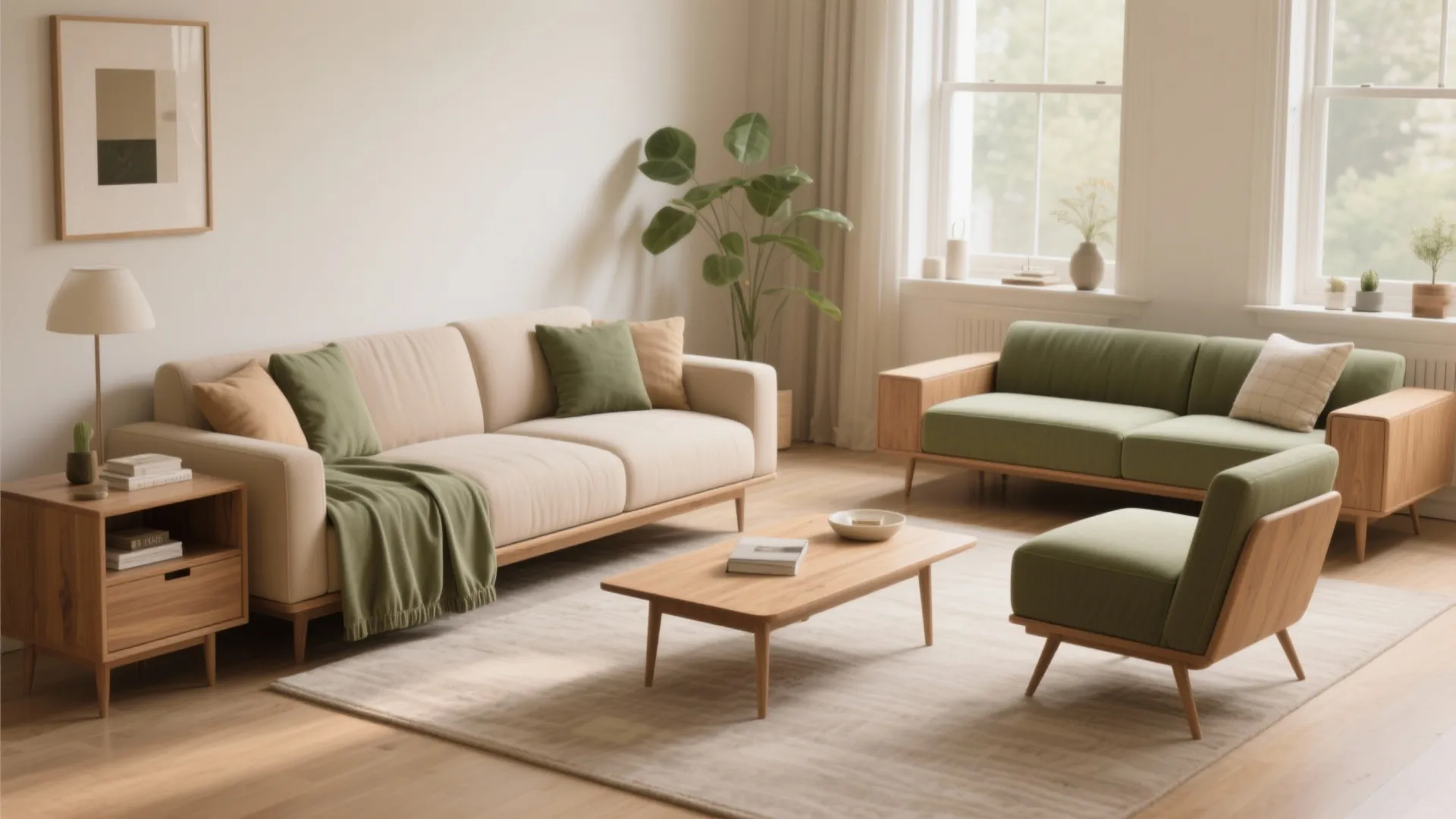 Modern bright living room with cream sofa green furniture wooden coffee table and natural window light