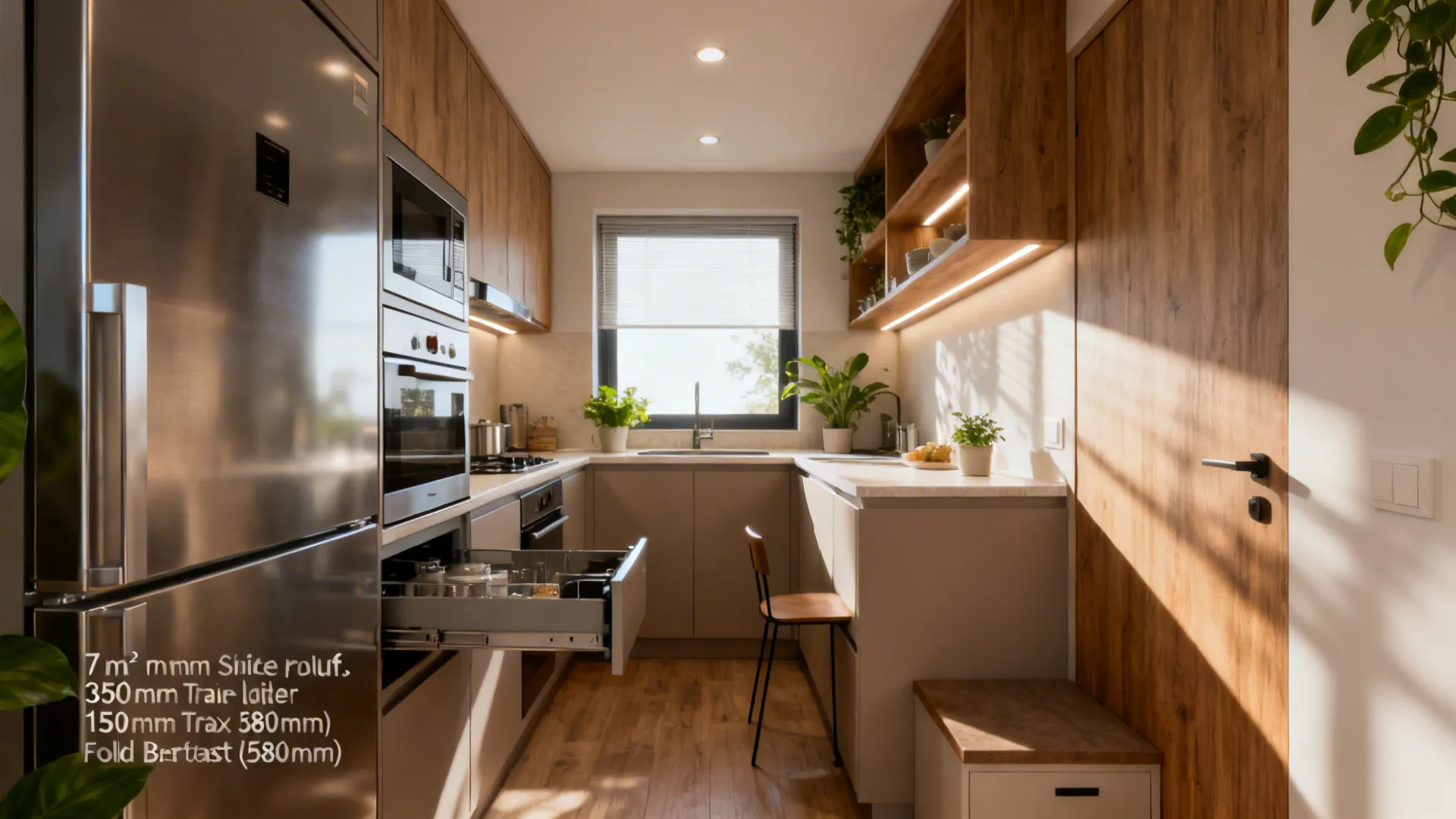 Compact galley kitchen with space-saving pull-outs and a fold-down breakfast perch in warm neutral tones.