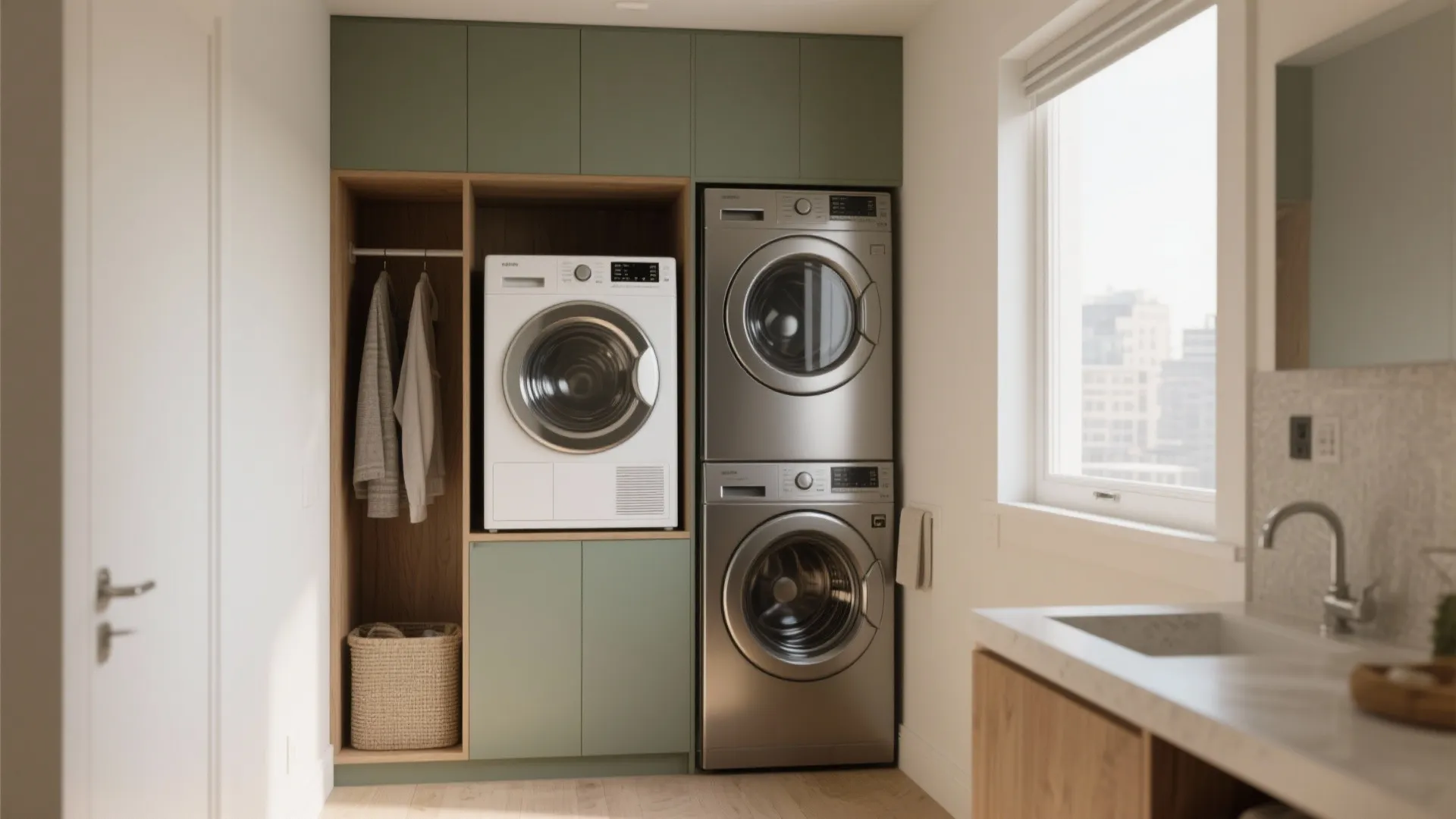 Modern laundry room with green cabinets stacked washing machines wood shelves and bright window natural light