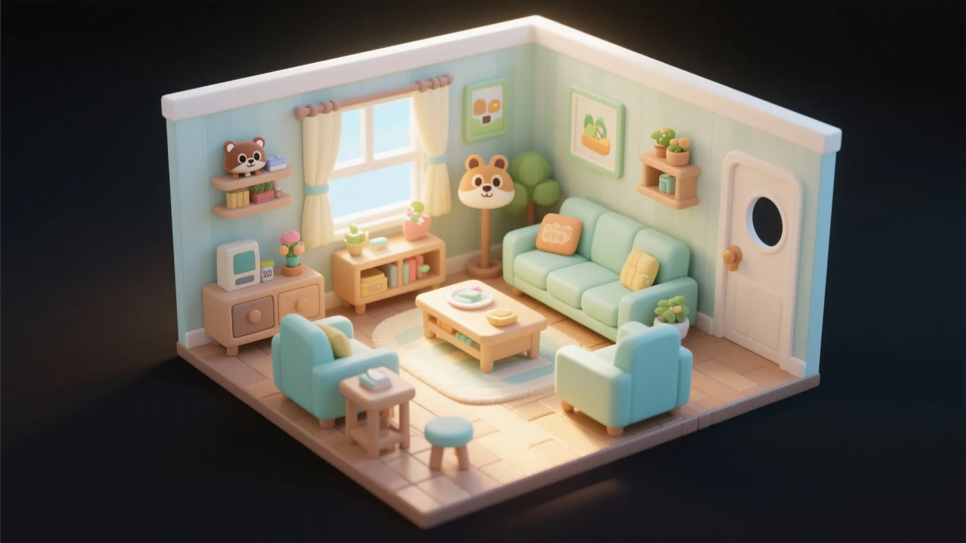 Toy like interior design drawing showing a small blue living room with sofa and chairs