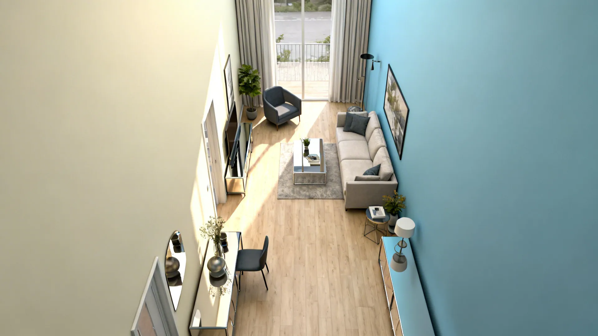 Top-down layout of a narrow living room with one soft blue focal wall and cream walls elsewhere