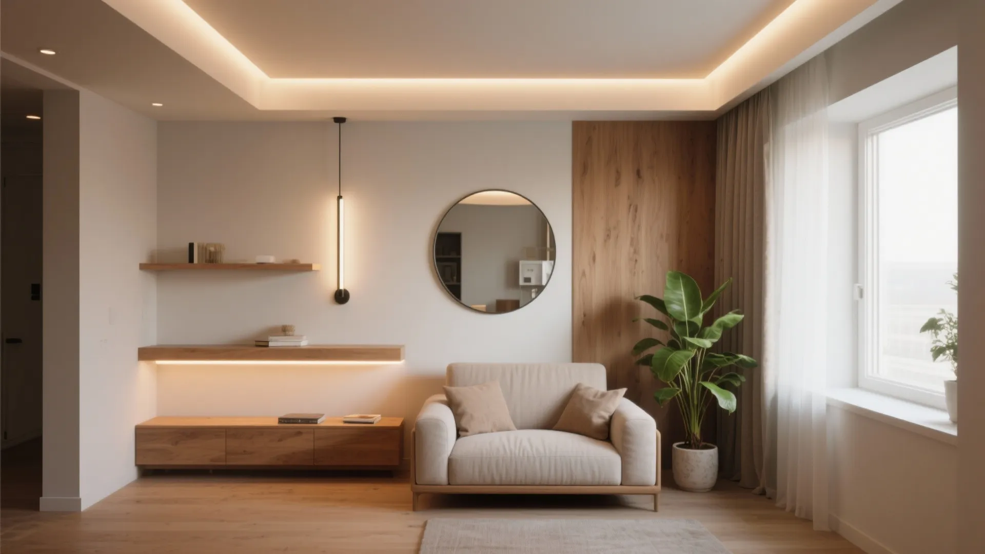 Modern living room with beige sofa round mirror wooden wall panel and warm hidden ceiling lights