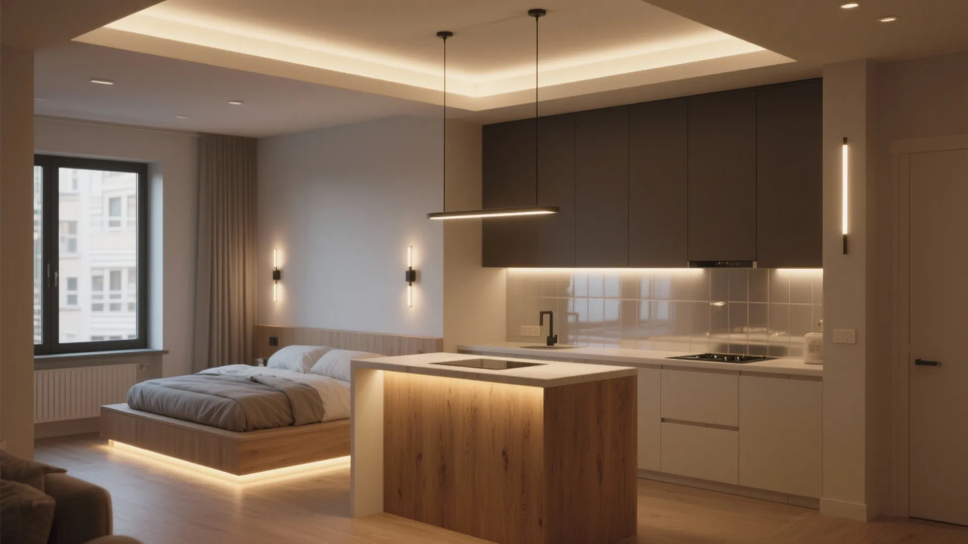 Modern studio apartment with wooden bed island kitchen grey cabinets warm ceiling light and wall lights
