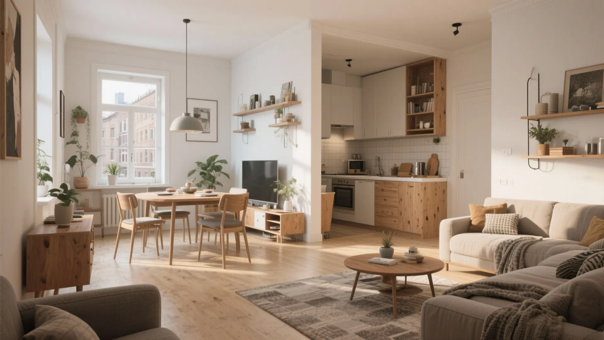 Small apartment interior design with open kitchen dining table and living room with grey sofa