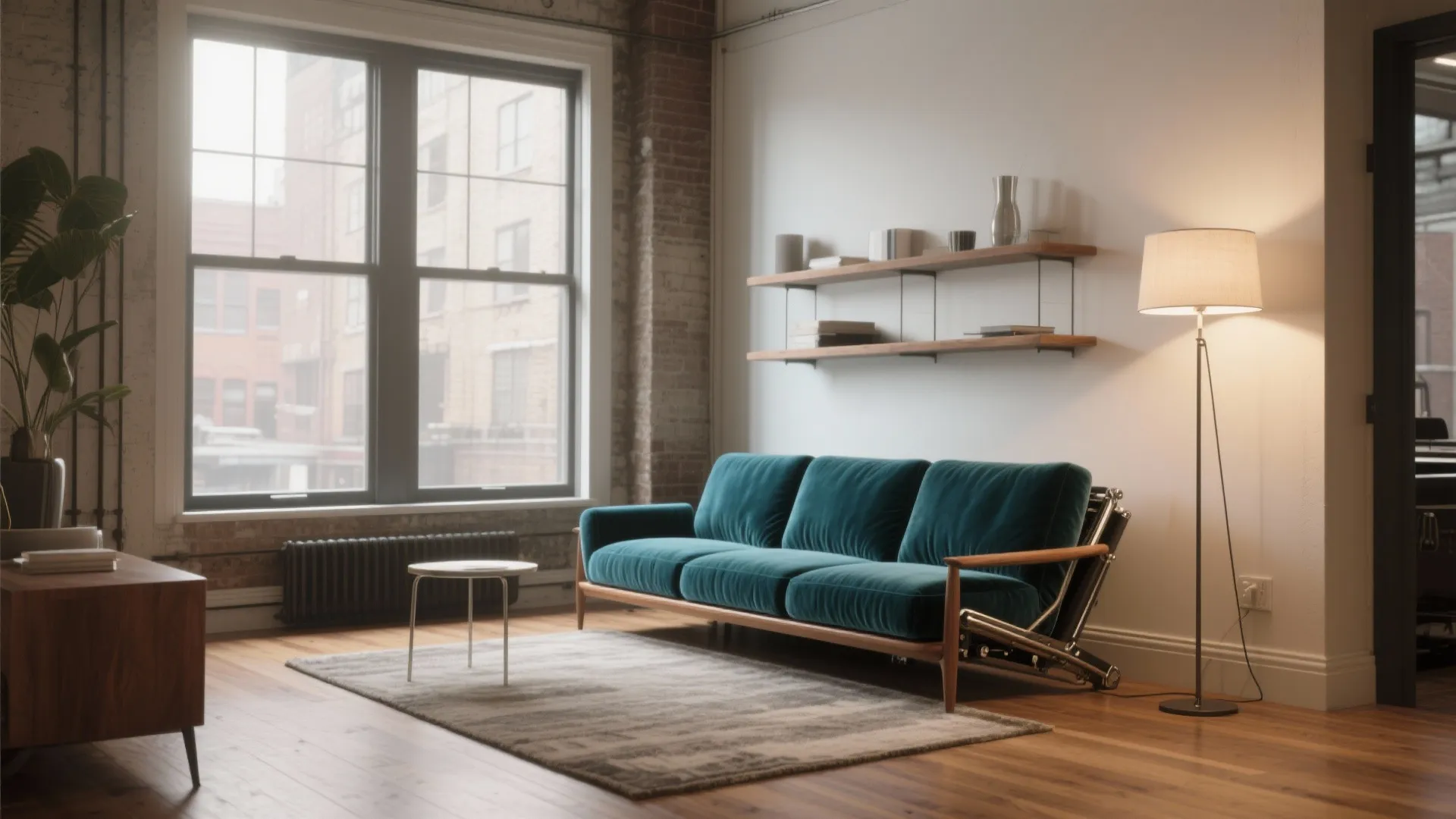 Modern living room with blue velvet sofa wood floor wall shelves floor lamp and large window