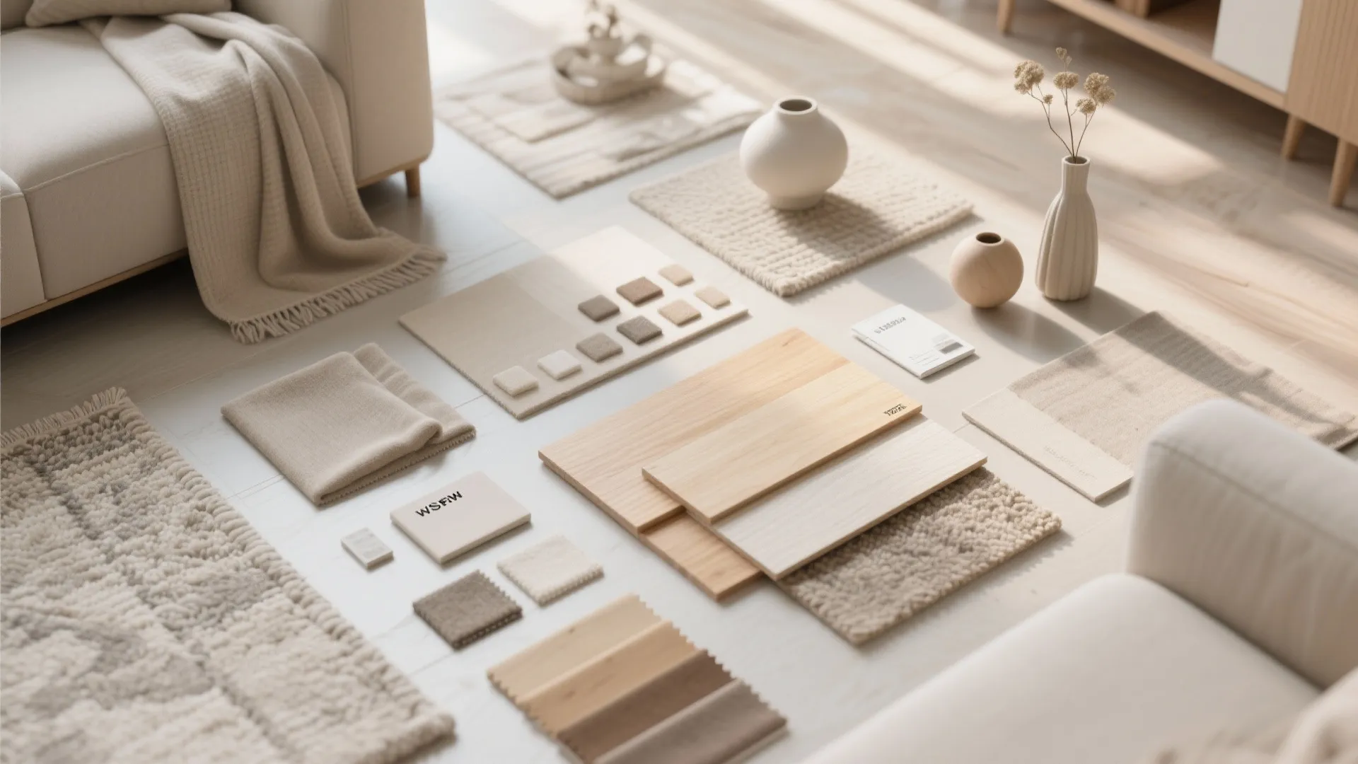 Interior design mood board on floor with wood samples fabric swatches rugs and decorative vases