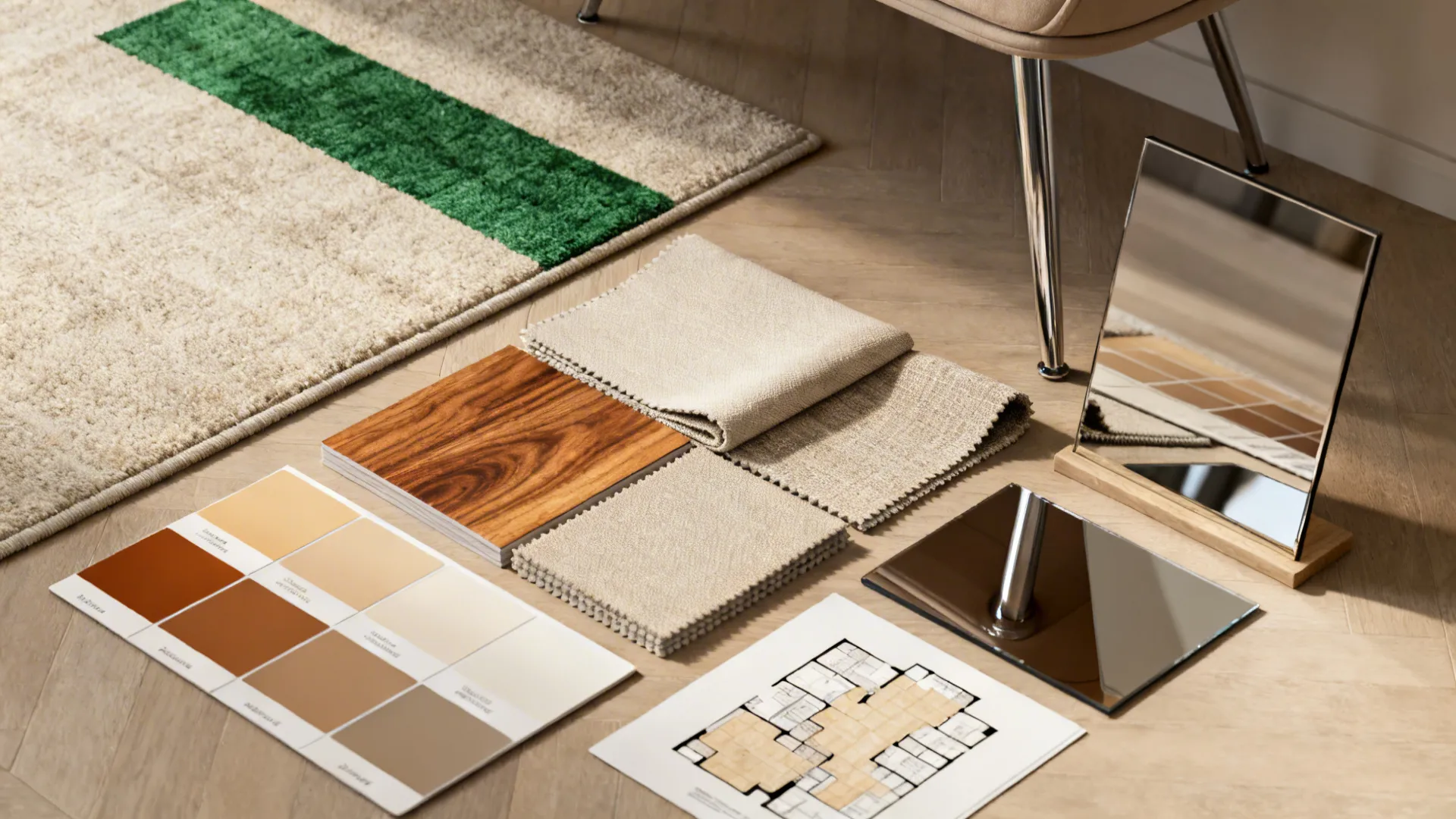 Material flatlay of warm neutral paint swatches, wood and fabric samples for small living rooms