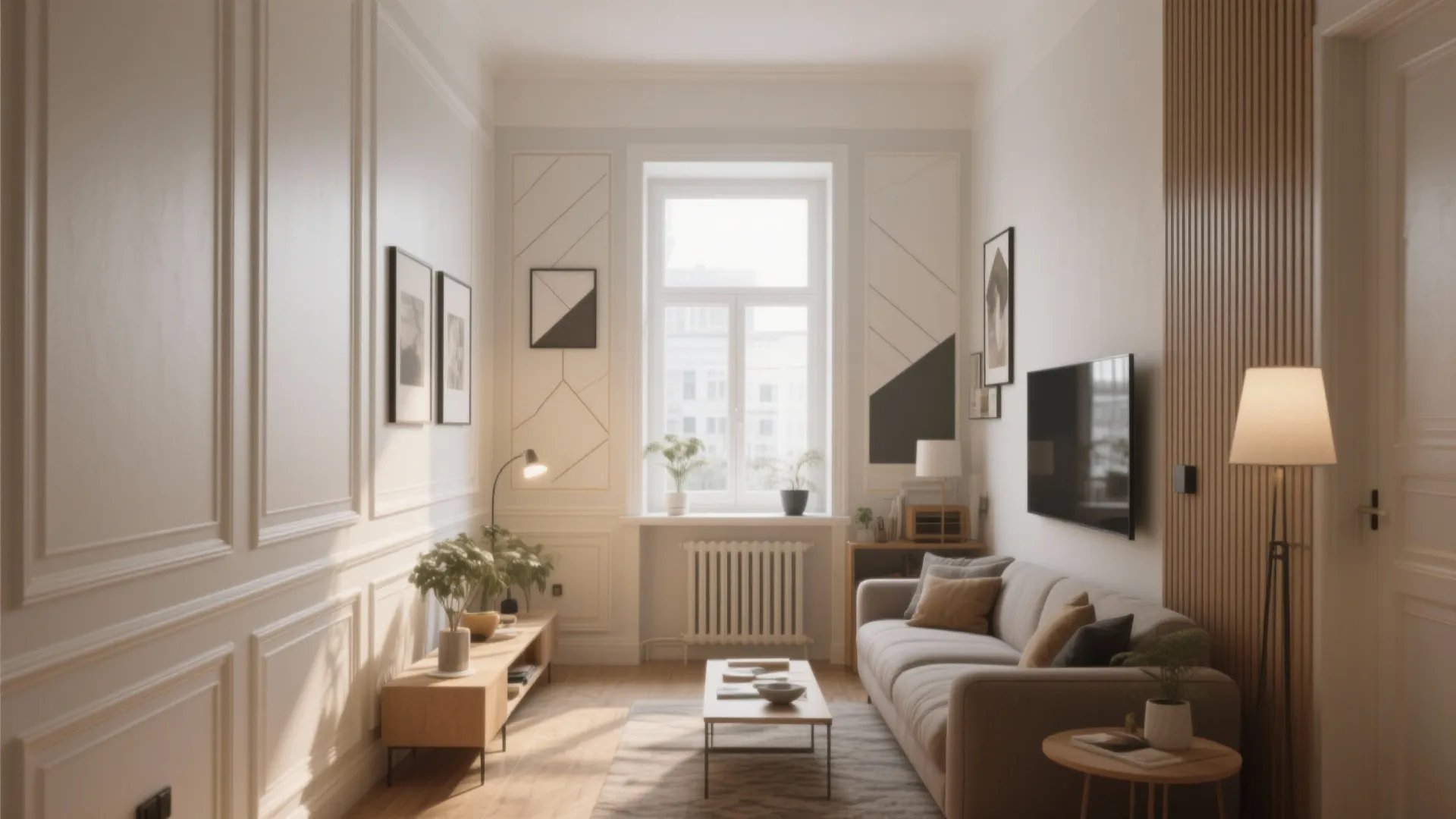 Narrow living room with white wall panel grey sofa wooden cabinet floor lamp and window