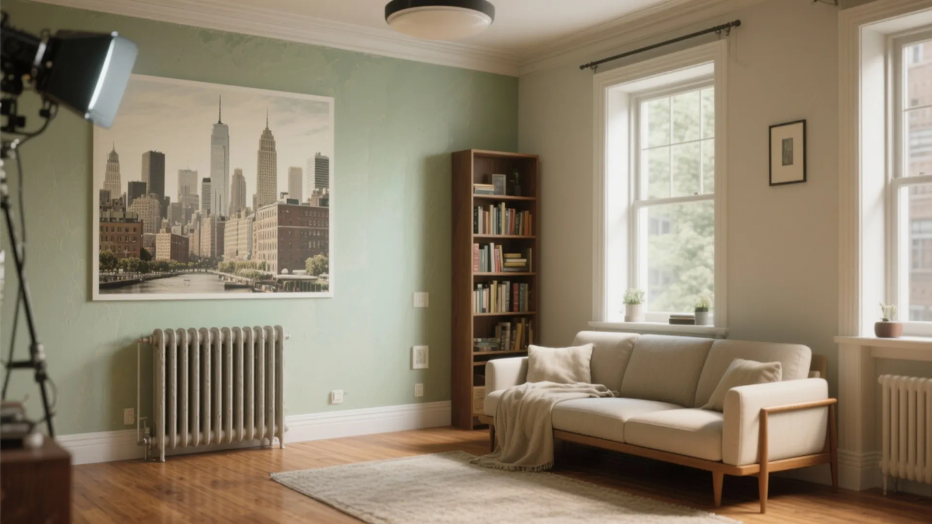 Modern living room with green wall city mural bookshelf white sofa and wooden floor design