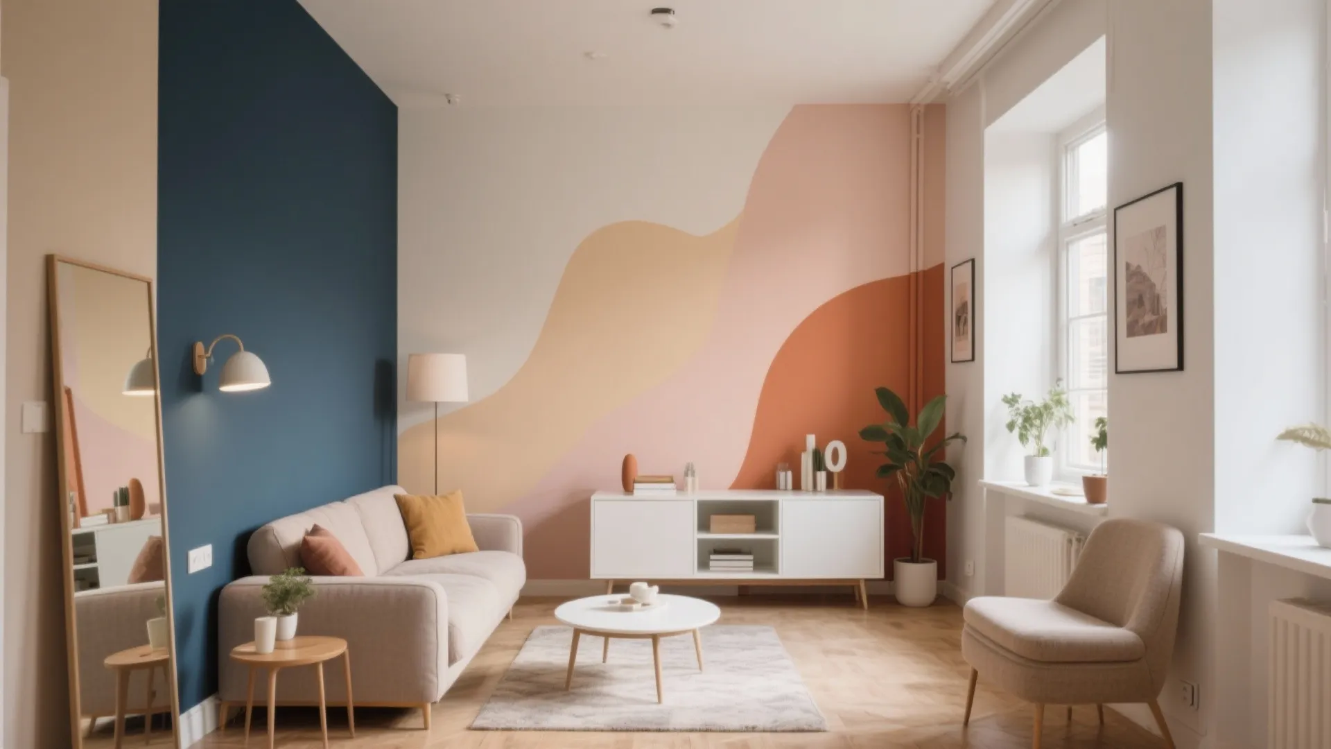 Living room featuring a colorful wavy wall mural white cabinet sofa and large floor mirror