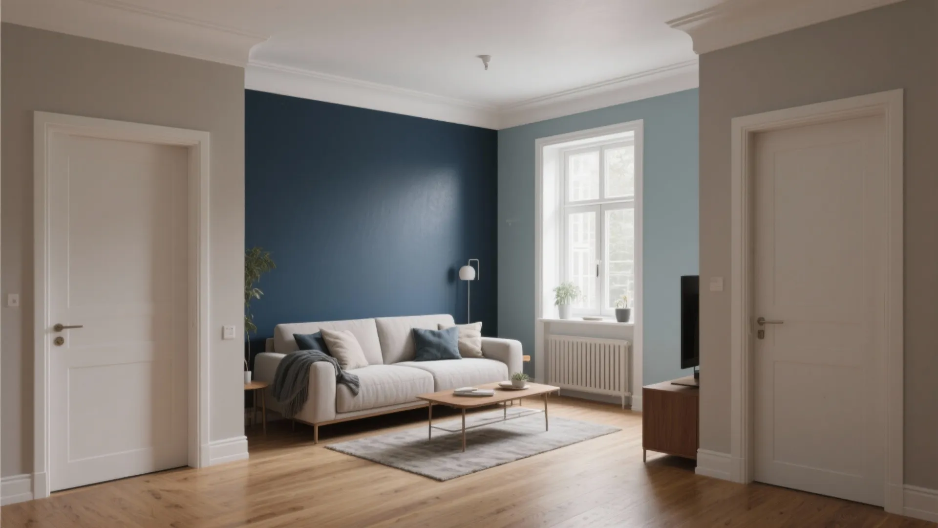 Modern living room featuring blue accent walls with white sofa and wooden coffee table furniture